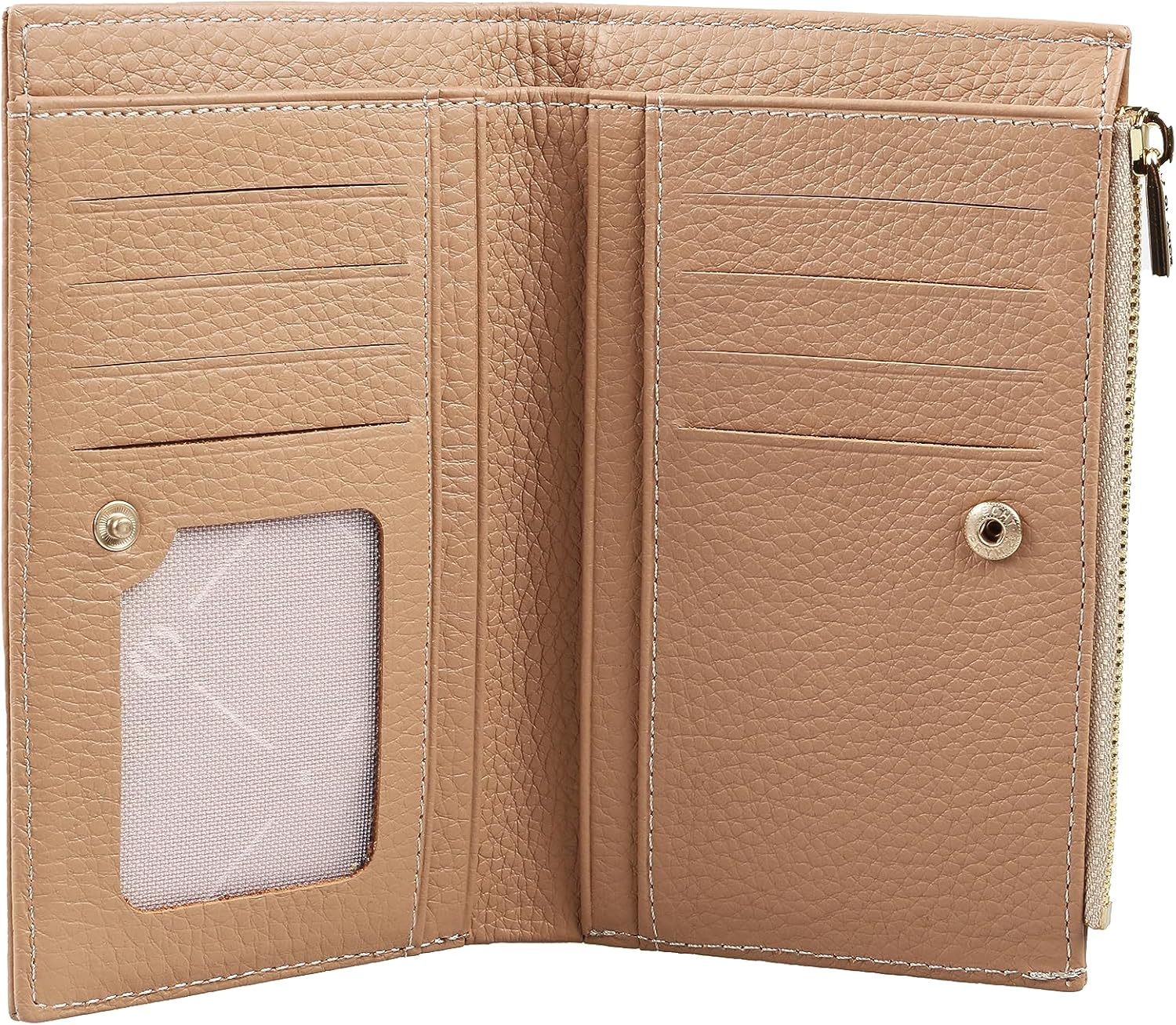 grande 2804 Genuine Leather Medium Bifold Wallet For Women Minimalist Wallet Ladies Zippered Mini Purse Small Card Holder (Cookie) - Image 2