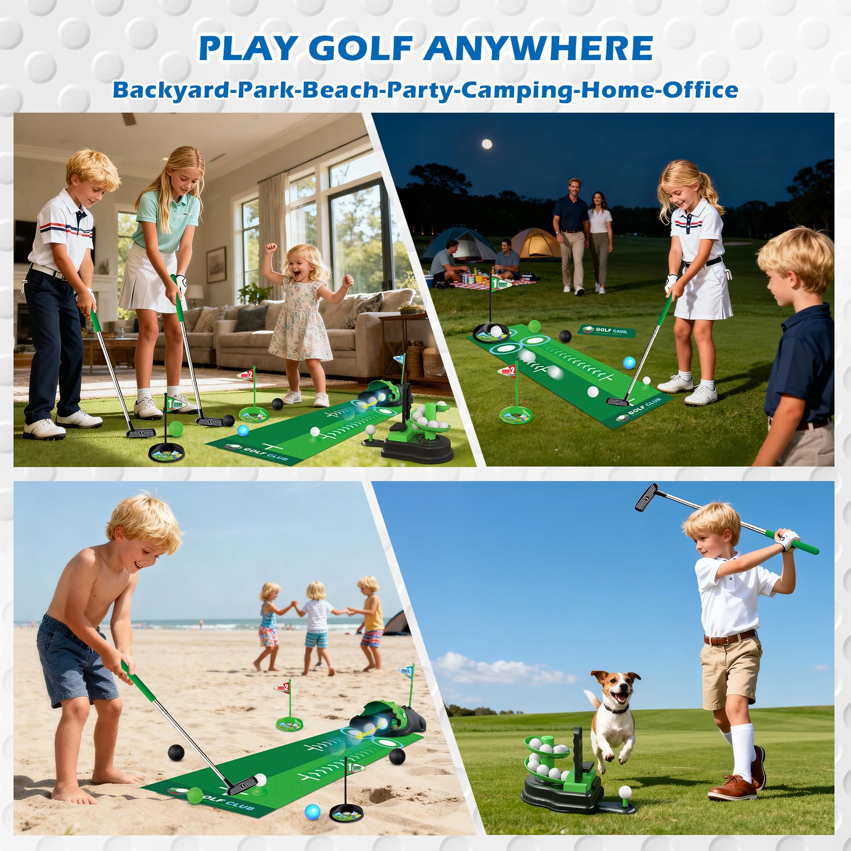 TERRAMUS Juego de Golf Infantil Mejorado, 3 en 1 con Lanzador automático de Pelotas de Dinosaurio y Pelotas con luz LED, minigolf para niños de 3 a 8 años