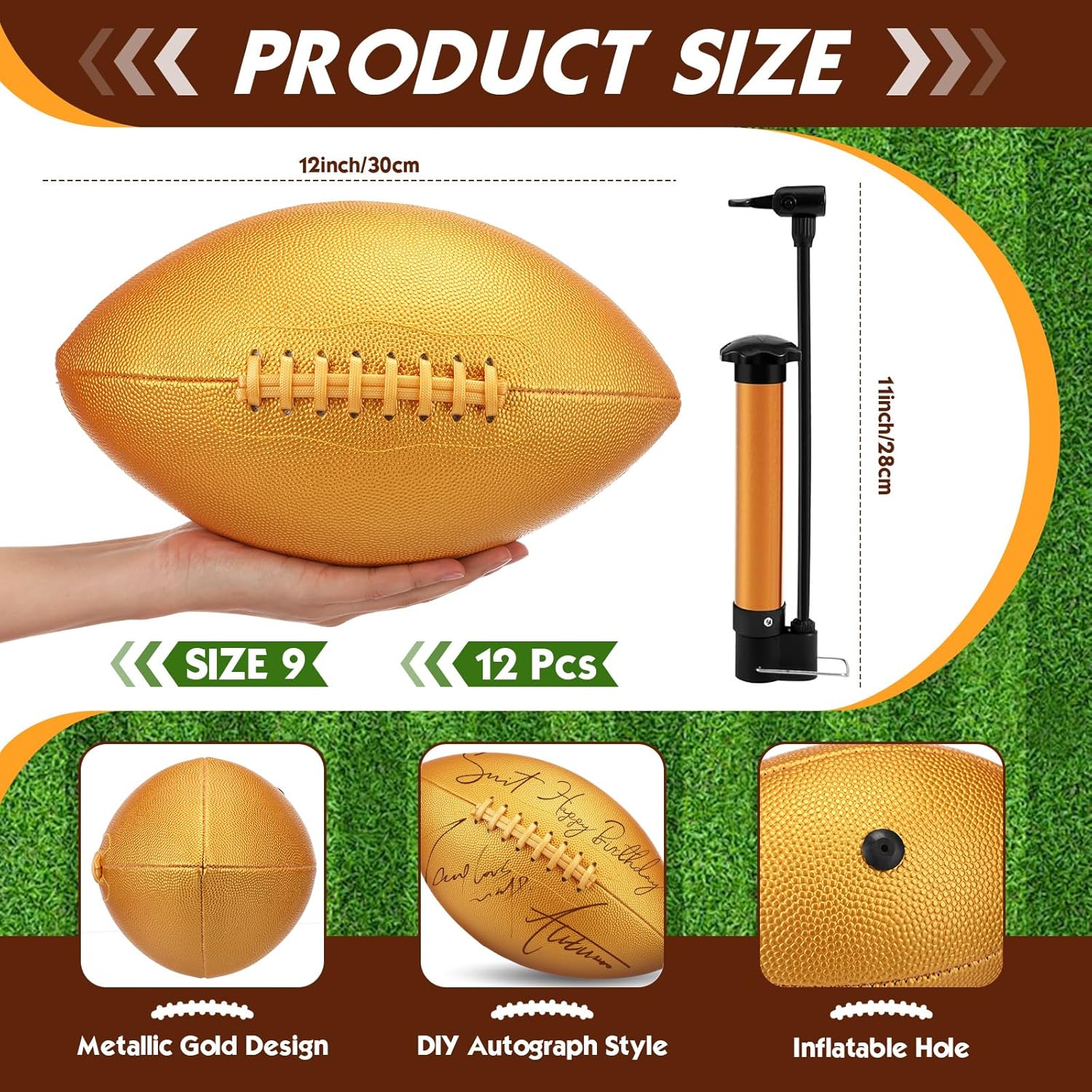 Soulchen 12 Pcs Gold Autograph Footballs Official Size Trophy Football with Air Pump Golden Custom Signing Balls for Rugby Game Graduation Signing Trophies Anniversary College Coach Gift