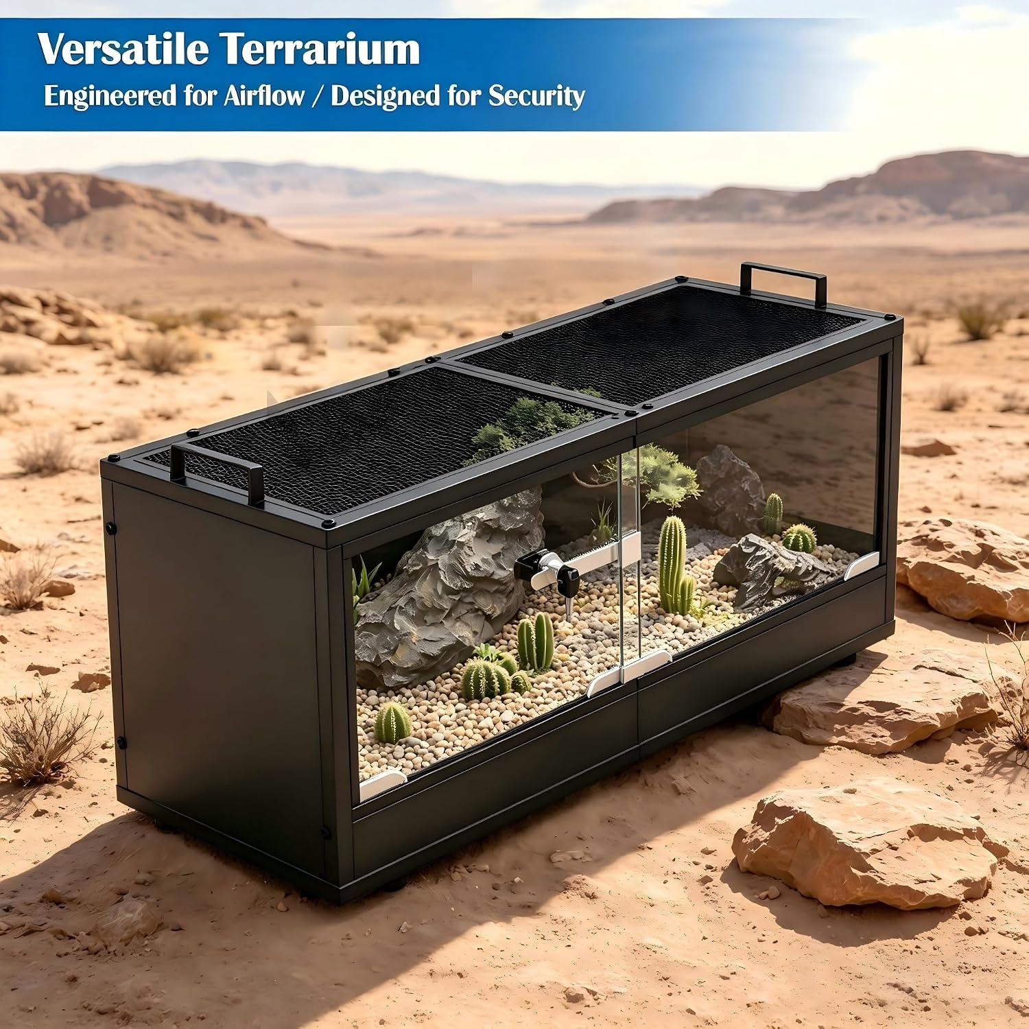 20 Gallon Reptile Terrarium Tank, Lockable Reptile Enclosure with Mesh Top & Handles, Escape-Proof Habitat Cage with Sliding Door for Snakes, Lizards, Tortoise & Small Animals, Black