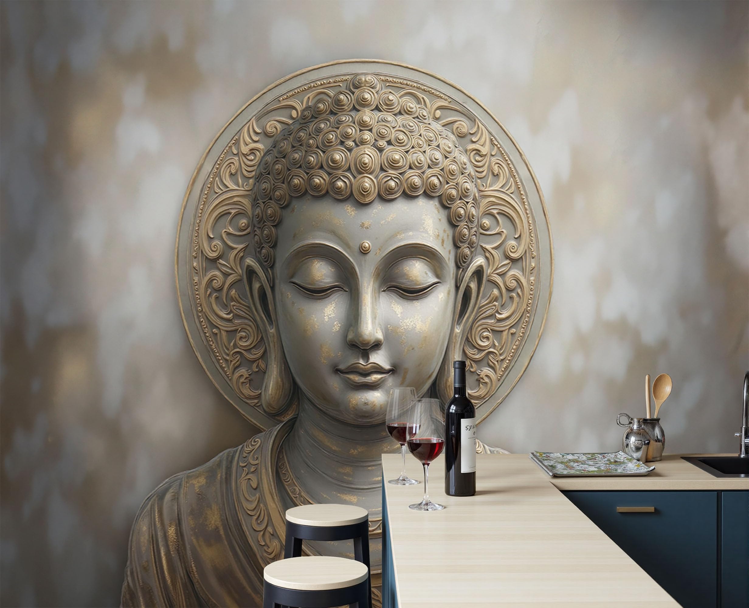 Carta Da Parati Panoramica Sereno Pacifico Scultura, 200x140cm Murali Panoramica Arte Della Meditazione Orientale, Oro Poster Gigante Design Cameretta Carta per TV Soggiorno Ristorante Decorazione