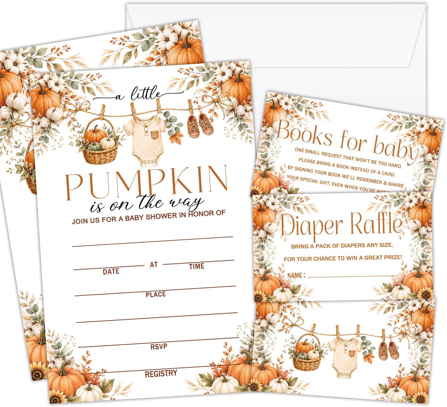 Baby Shower Invites Set of 25, Little Pumpkin Baby Shower Invitations Cards with Envelopes, Diaper Raffle Tickets & Book Cards, Fall Fill-in Invites for New Baby Gender Reveal Party Decor-24
