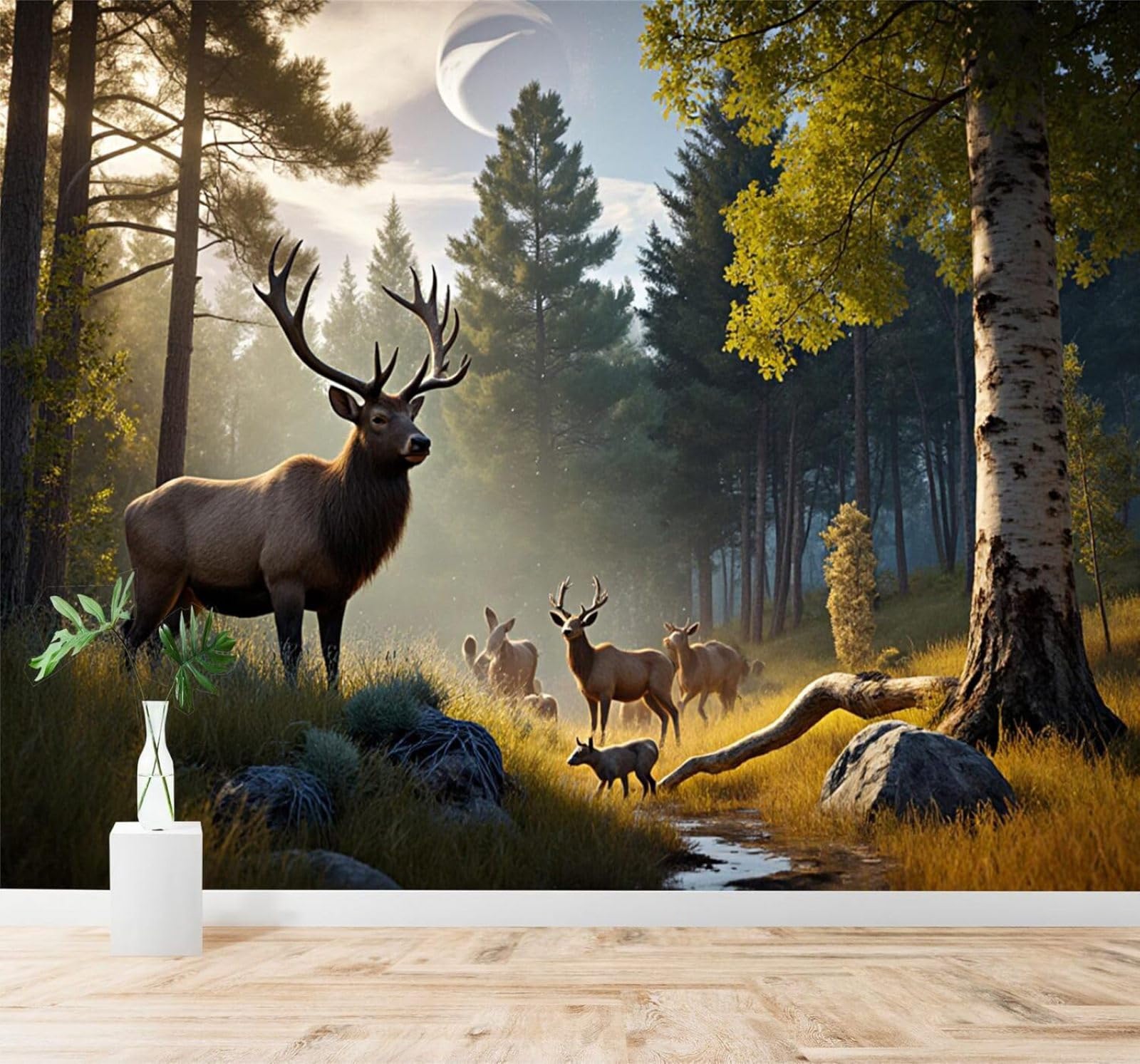 Xlming 250Cm×170Cm(B×H) Fresh Green Forest Elk Morning Light 3D Wallpaper Silky Texture Home Study Office Grey Dining Room Sofa Bedroom Living Room Tv Backdrop-250Cm×170Cm