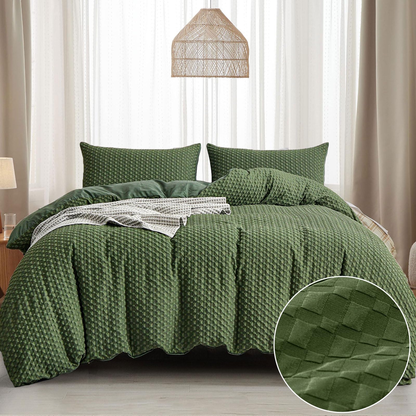 Yiran Seersucker Waffle Bedding Set Green Puckering Checkered Comforter Set Soft Microfiber Weave Comforter for All Season,2 Pillowcases,Queen Size 90"x90"