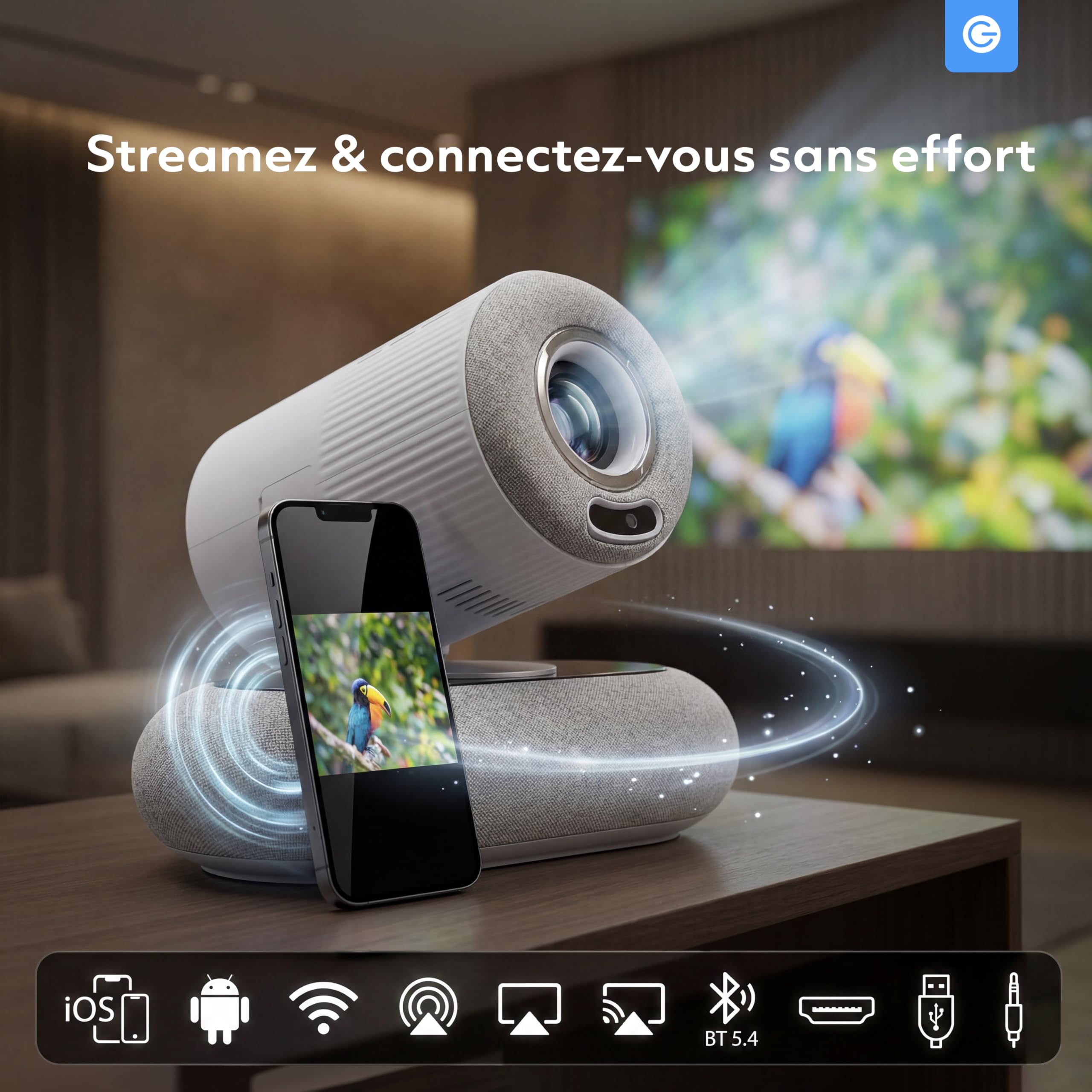Silvergear® Vidéoprojecteur Full HD 1080p | Mini Projecteur Smart avec Autofocus & Correction Trapèze | Projecteur Video WiFi Bluetooth | Image Home Cinema 508cm | LED Ambient Light | HDMI USB | Blanc