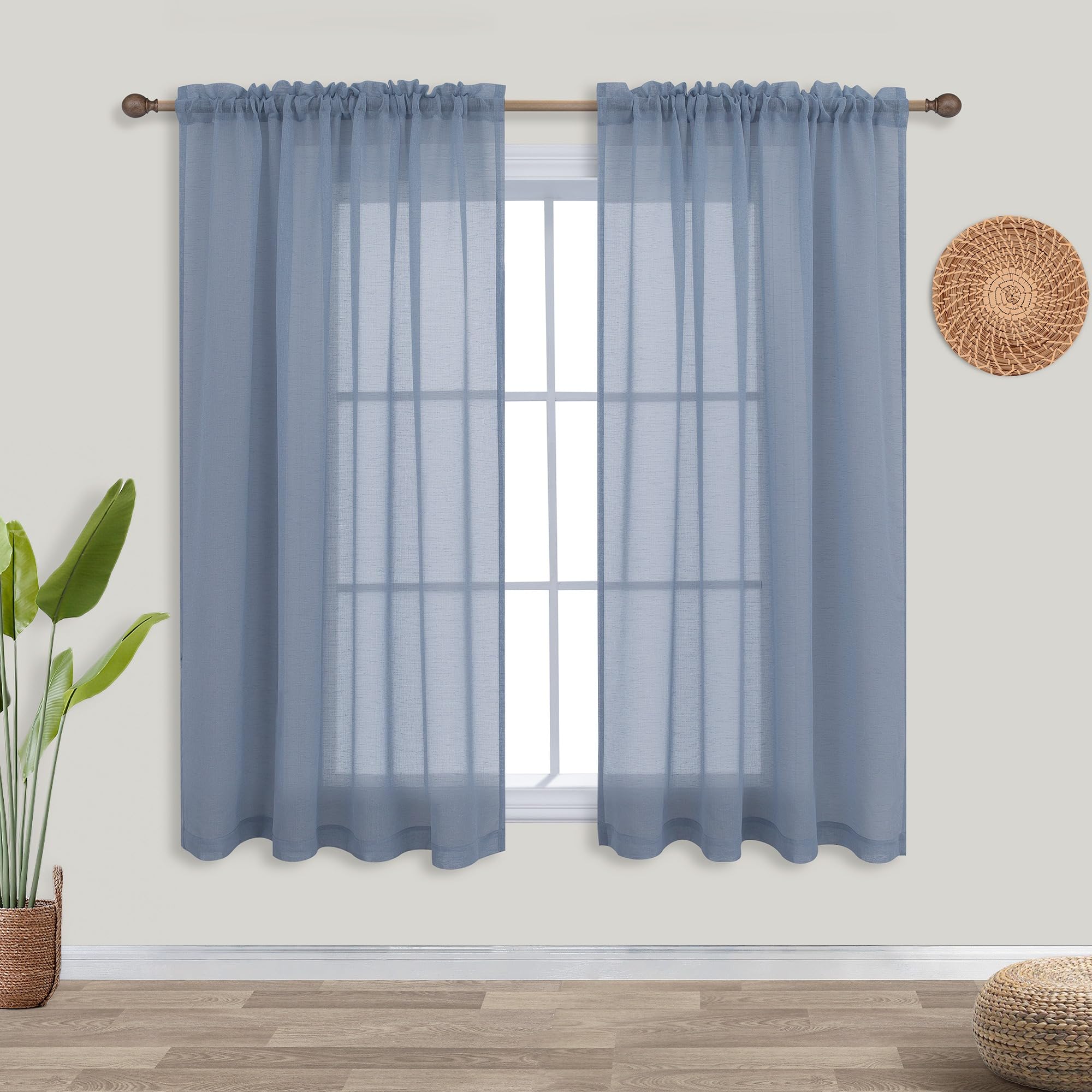 Dusty Blue Sheer Curtains 45 Inch Length for Kitchen Window Set 2 Panels Rod Pocket Light Filtering Faux Linen Drapes Textured Country Blue Curtains for Bedroom 52x45 Long Greyish Grayish Vintage Blue — image 1