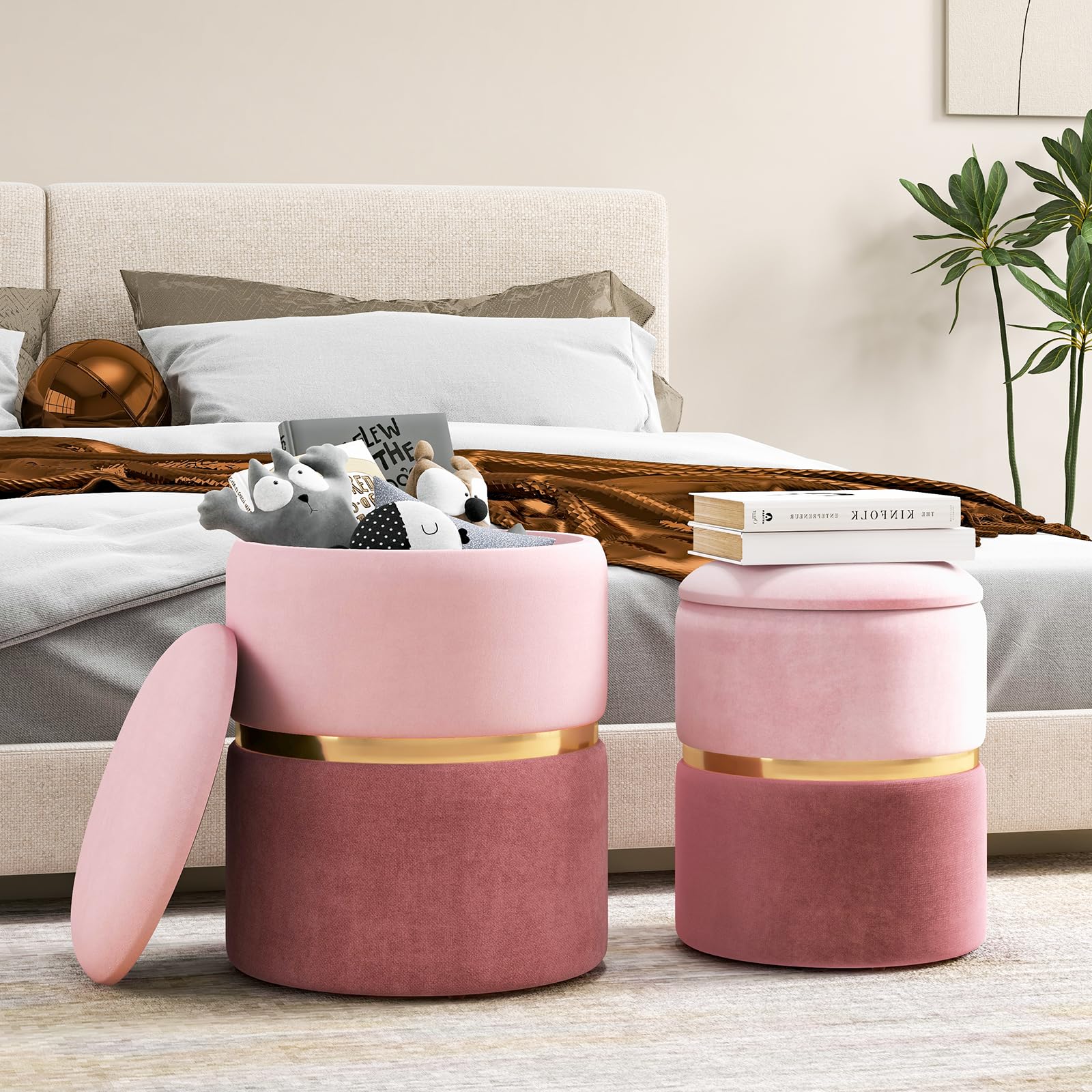 GIANTEX Juego de 2 Otomanas de Terciopelo, 2 Taburetes Tapizados 30 cm y 35 cm, Espacio de Almacenamiento, Taburetes Reposapiés para Entrada, Salón, Dormitorio (Rosa)
