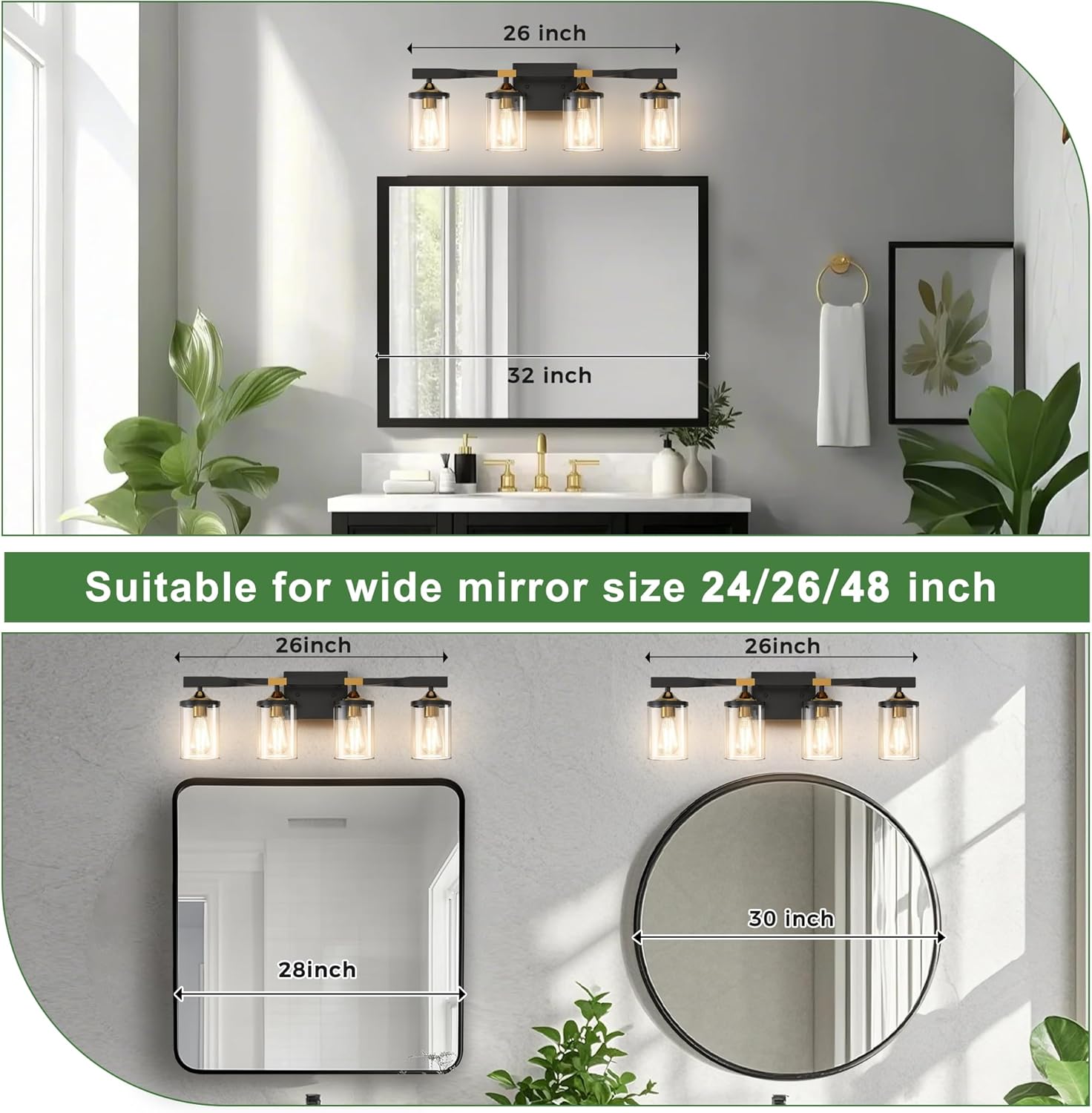 DORESshop 4-Light Bathroom Vanity Light, Black and Gold Bathroom Light Fixtures, Modern Vanity Lights for Hallway Bedroom Living Room