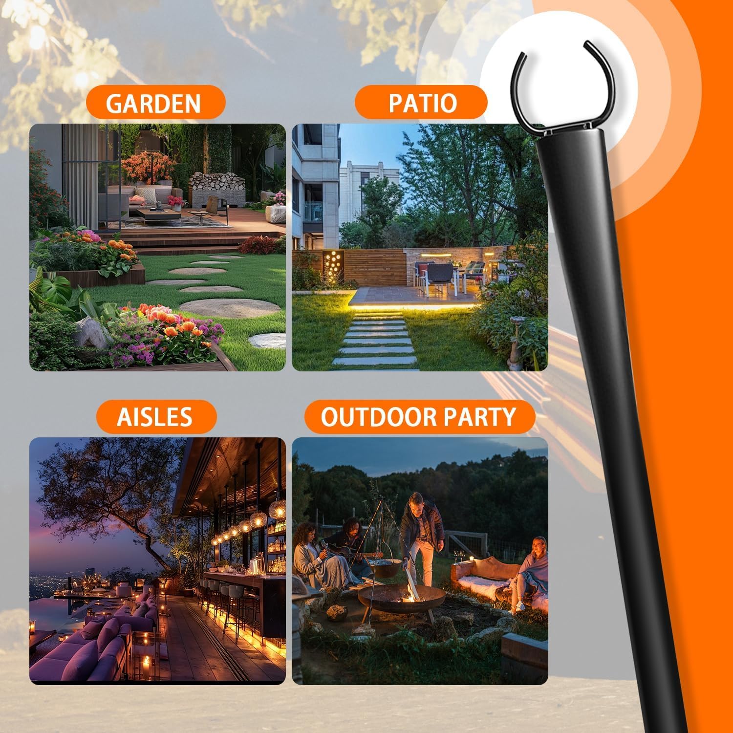 Lot de 4 guirlandes lumineuses de 3 m, poteaux en métal avec fourchette pour lumières extérieures, support d'éclairage extérieur en métal avec supports de clôture, lampes suspendues pour