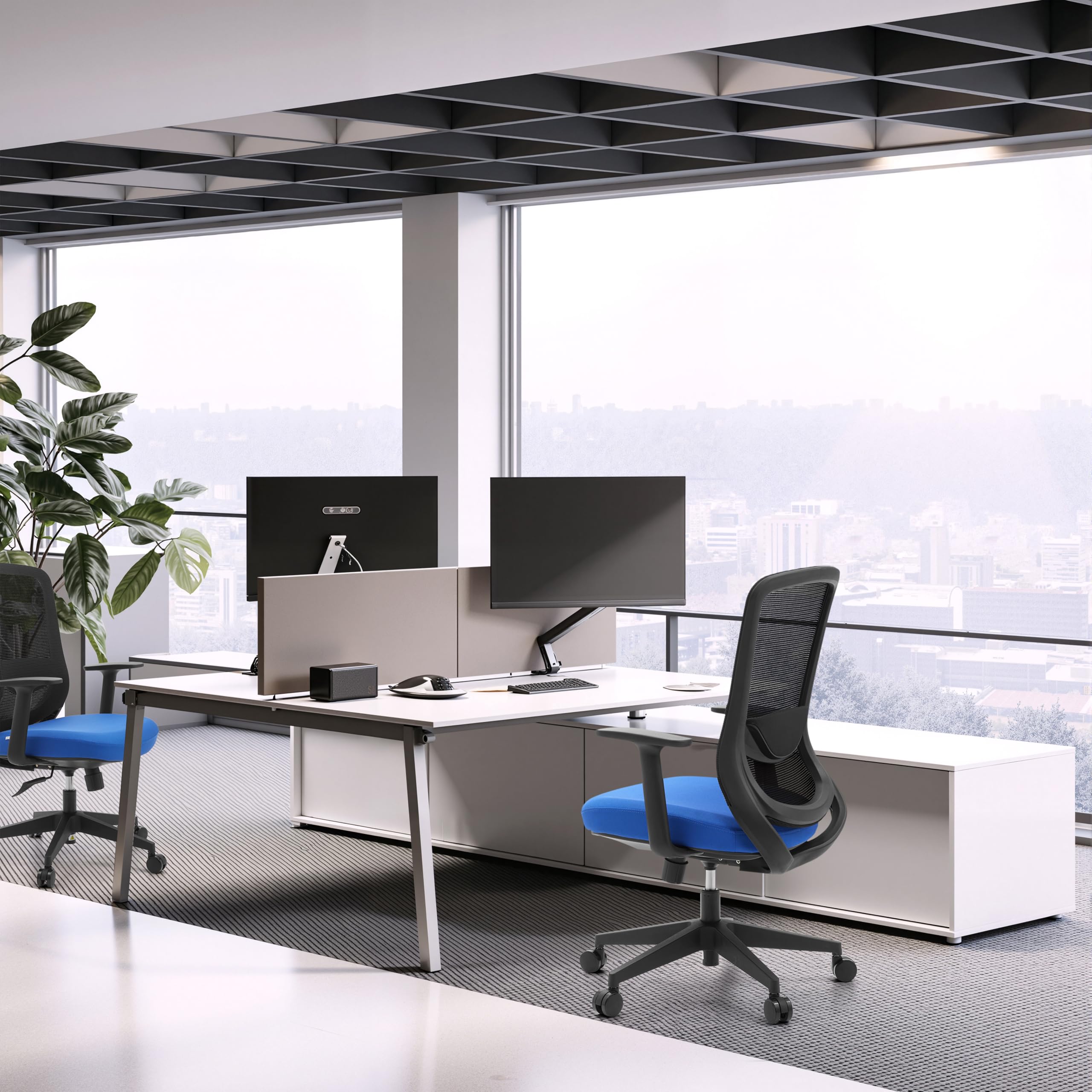 hjh OFFICE Silla de oficina ergonómica Sedito – Silla giratoria con respaldo de malla ajustable, soporte lumbar y asiento en cascada, color negro y azul