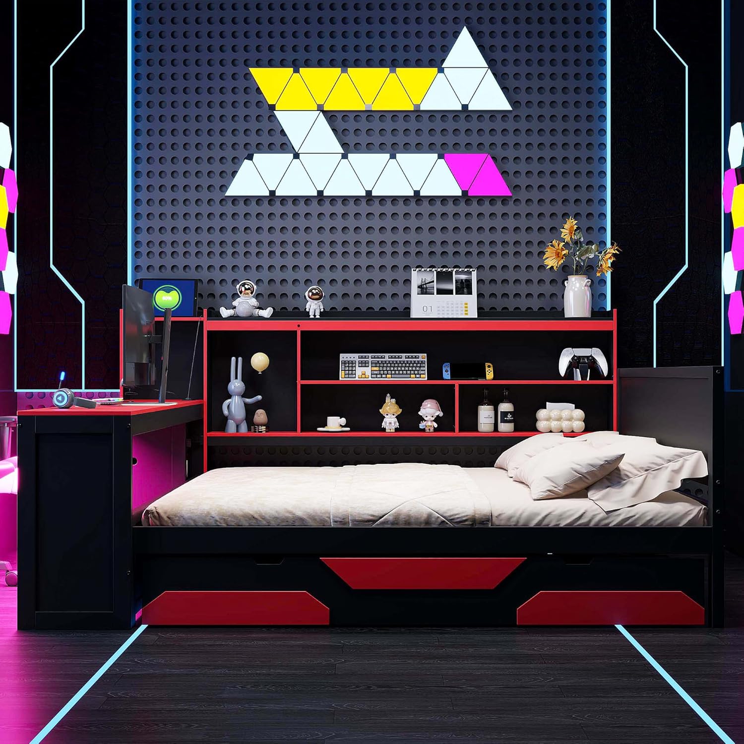 Corner Bed Frame Queen, Queen Corner Bed Frame with Storage Drawers & Bookcase, Wood Corner Bed with Integrated Desk & Lights, Built-in Charging Station, Black & Red