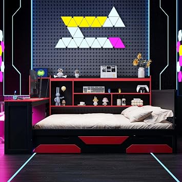 RuiSiSi Queen Size Daybed with Desk & Storage, Gaming Corner Bed with LED Lights, Charging Station, Storage Shelves & Drawers, Space-Saving L-Shaped Daybed for Teens, Adults, Red+Black