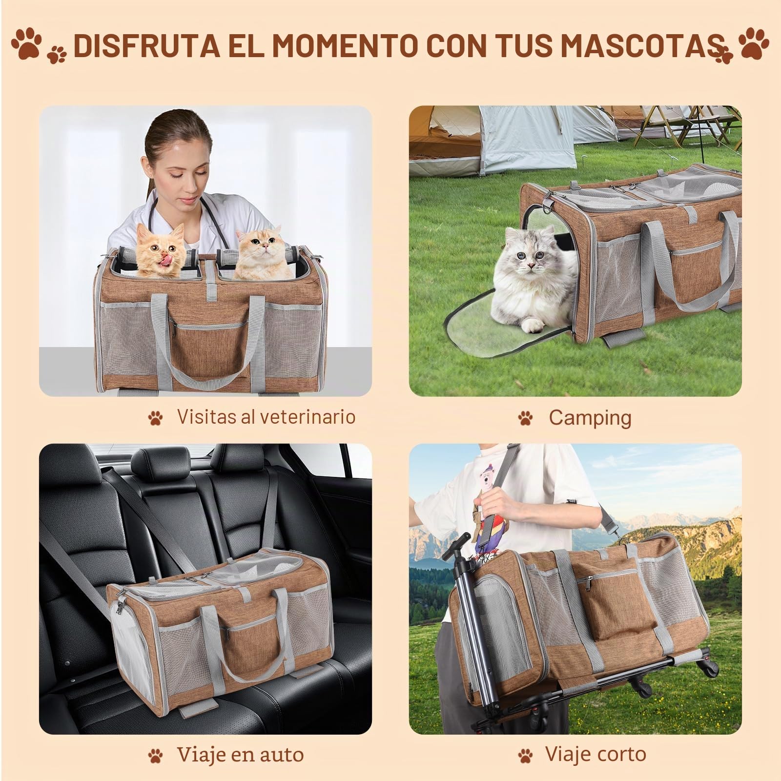 Transportín para gatos con ruedas para 2 gatos, plegable con ruedas para 2 gatos y perros pequeños, transpirable, perfecto para viajes, senderismo, camping, visitas veterinarias, color marrón