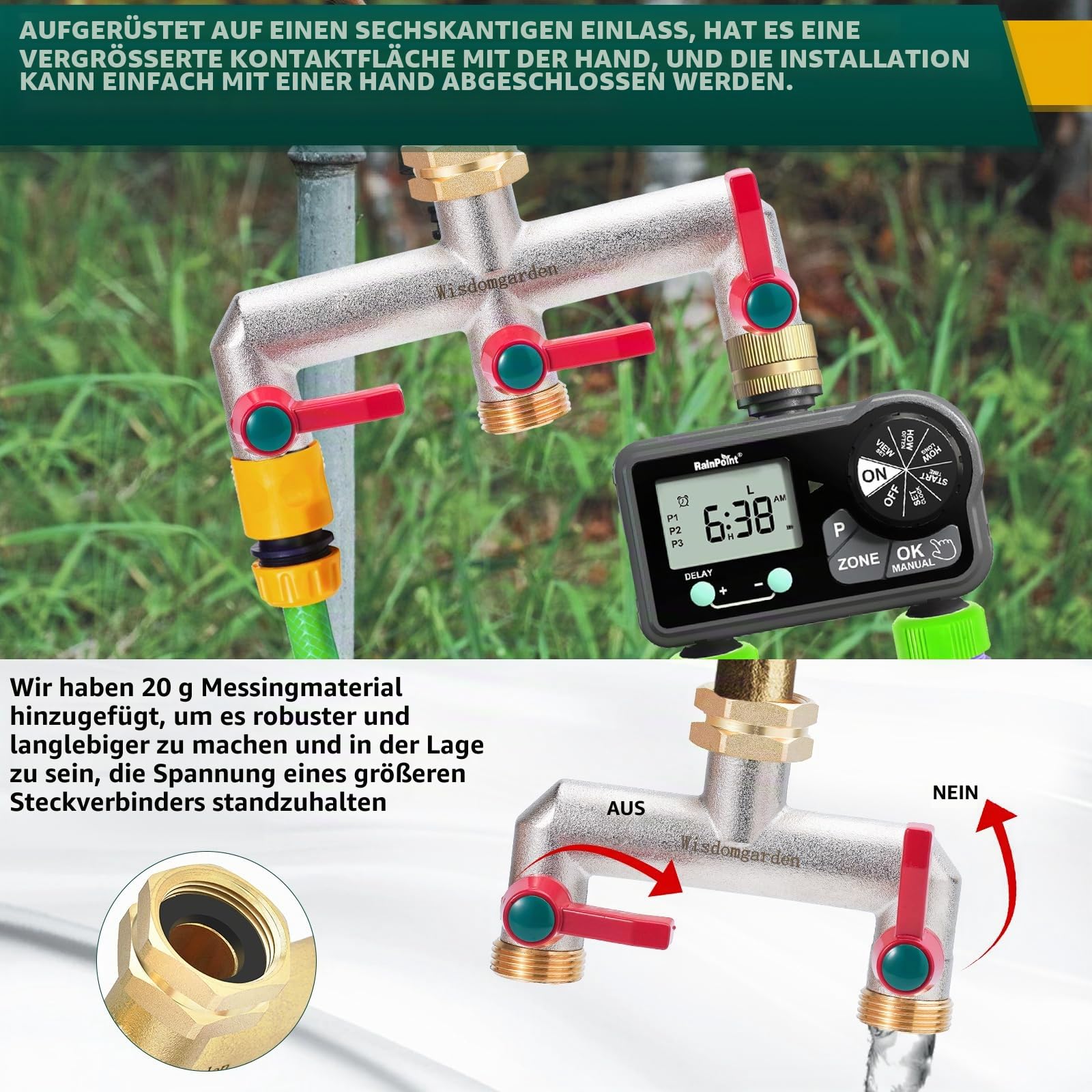 Wasserverteiler 5fach, Schwere Vernickelt Messing gartenschlauch verteiler, 5 Wege verteiler Wasser mit 5 Verlängerungsgriffen, Der verbesserte sechseckige Wassereinlass ist langlebiger