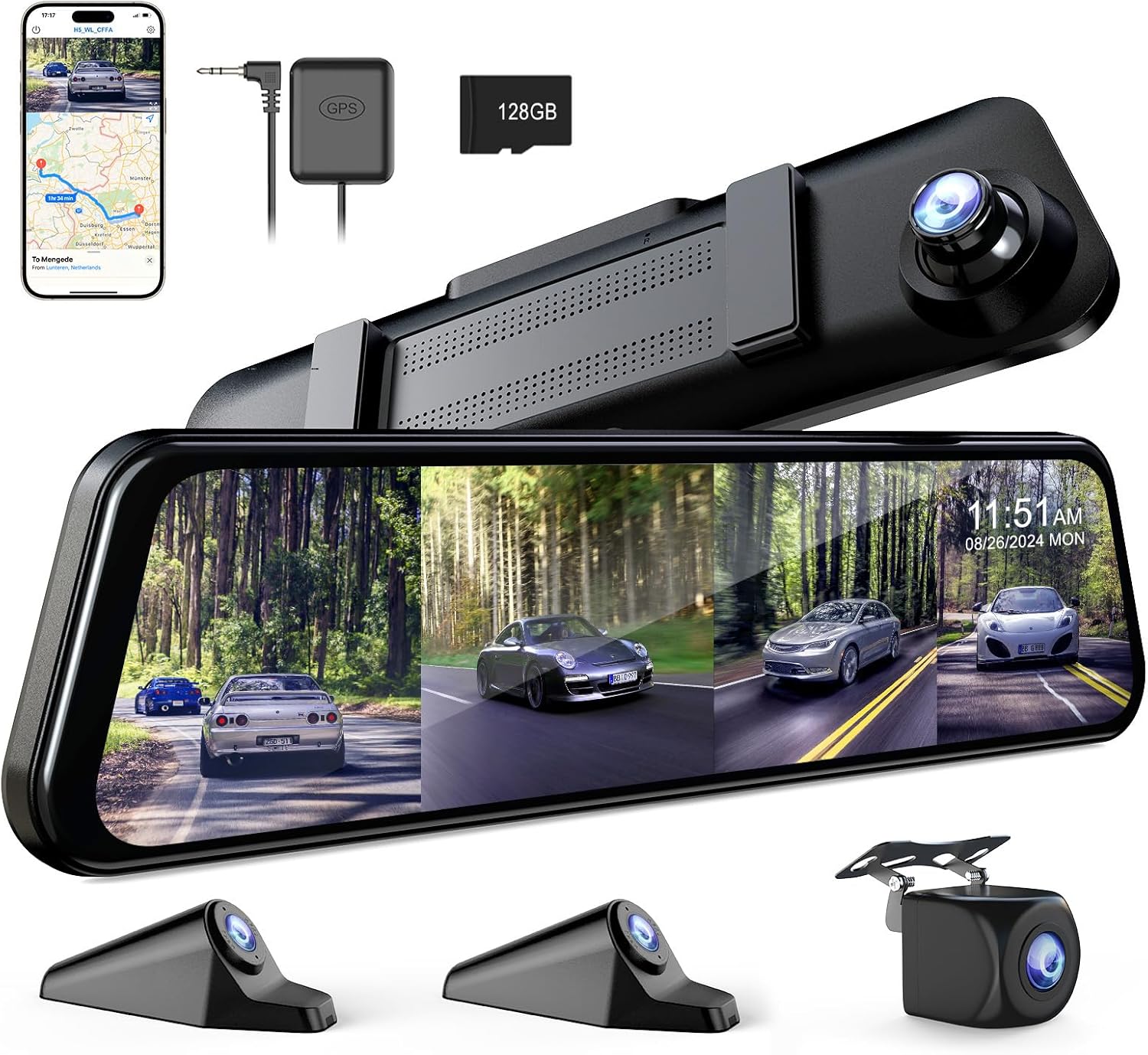 360 Degree View 4 Channel Mirror Dash Cam Detached Camera for Cars，Dash Cam Front and Rear Side(Left,Right),12'' Rear View Mirror Camera1080Px4,WiFi,Night Vision,GPS,Parking Monitor,Free 128GB Card