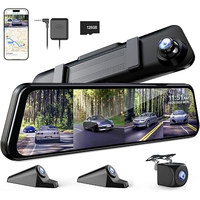 360 Degree View 4 Channel Mirror Dash Cam Detached Camera for Cars,Dash Cam Front and Rear Side(Left,Right),12'' Rear View Mirror Camera1080Px4,WiFi,Night Vision,GPS,Parking Monitor,Free 128GB Card