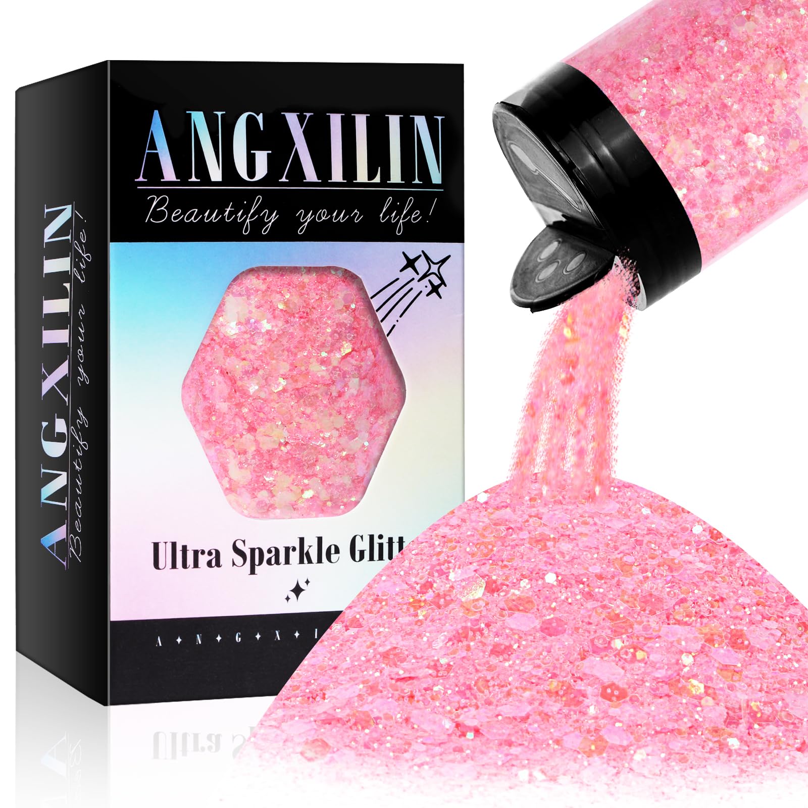 ANGXILIN Holographic Chunky Glitter, 190g/6.7oz Chunky and Fine Mixed Craft Glitter, Bulk Laser Sequin Glitter for Face Body Nail Art,Epoxy Resin