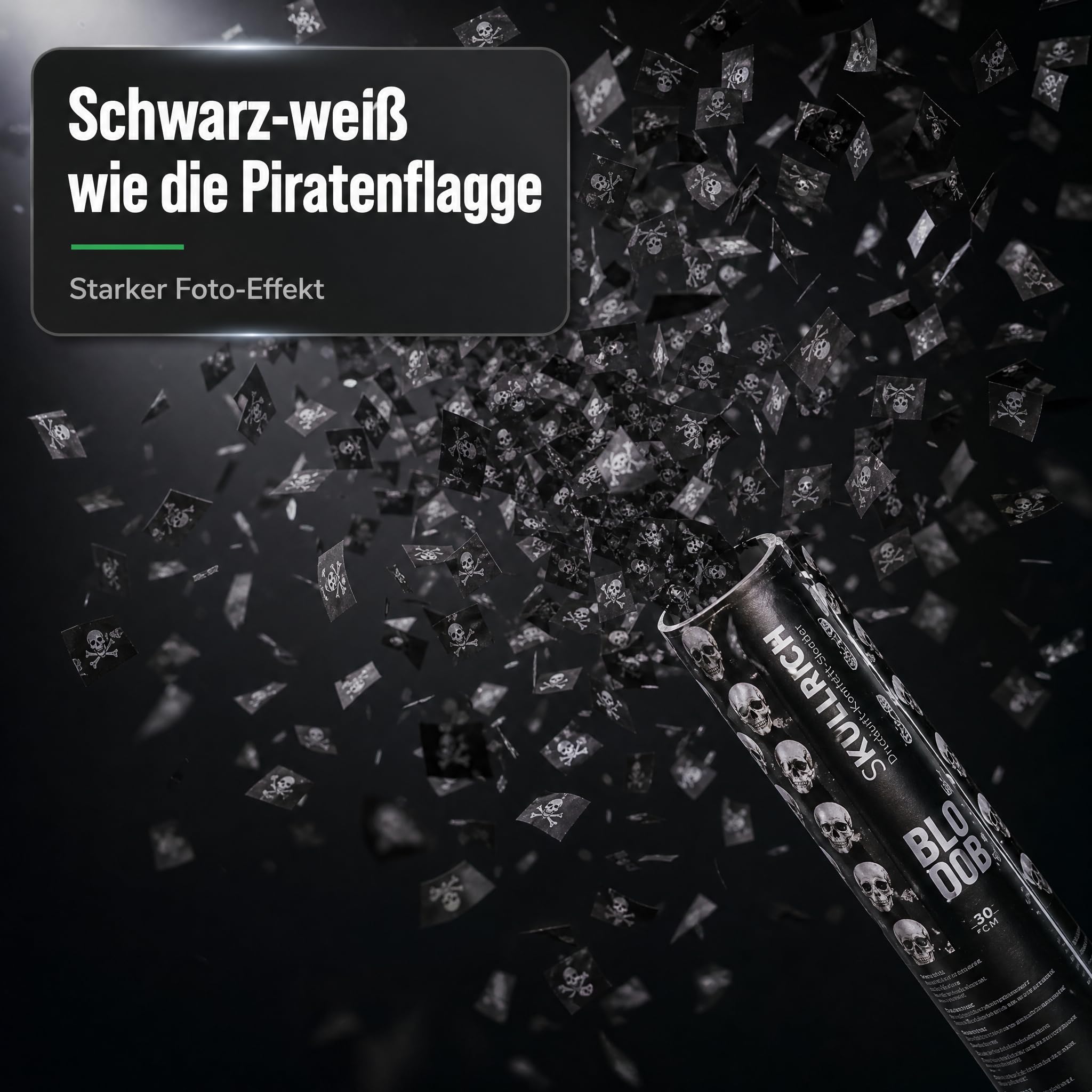 Pyroland 6 Stück Konfettikanone Skullrich 80 cm, schwarzes Konfetti mit Piratenflagge, lustiger Party Popper für Halloween, Mottoparty und Geburtstag
