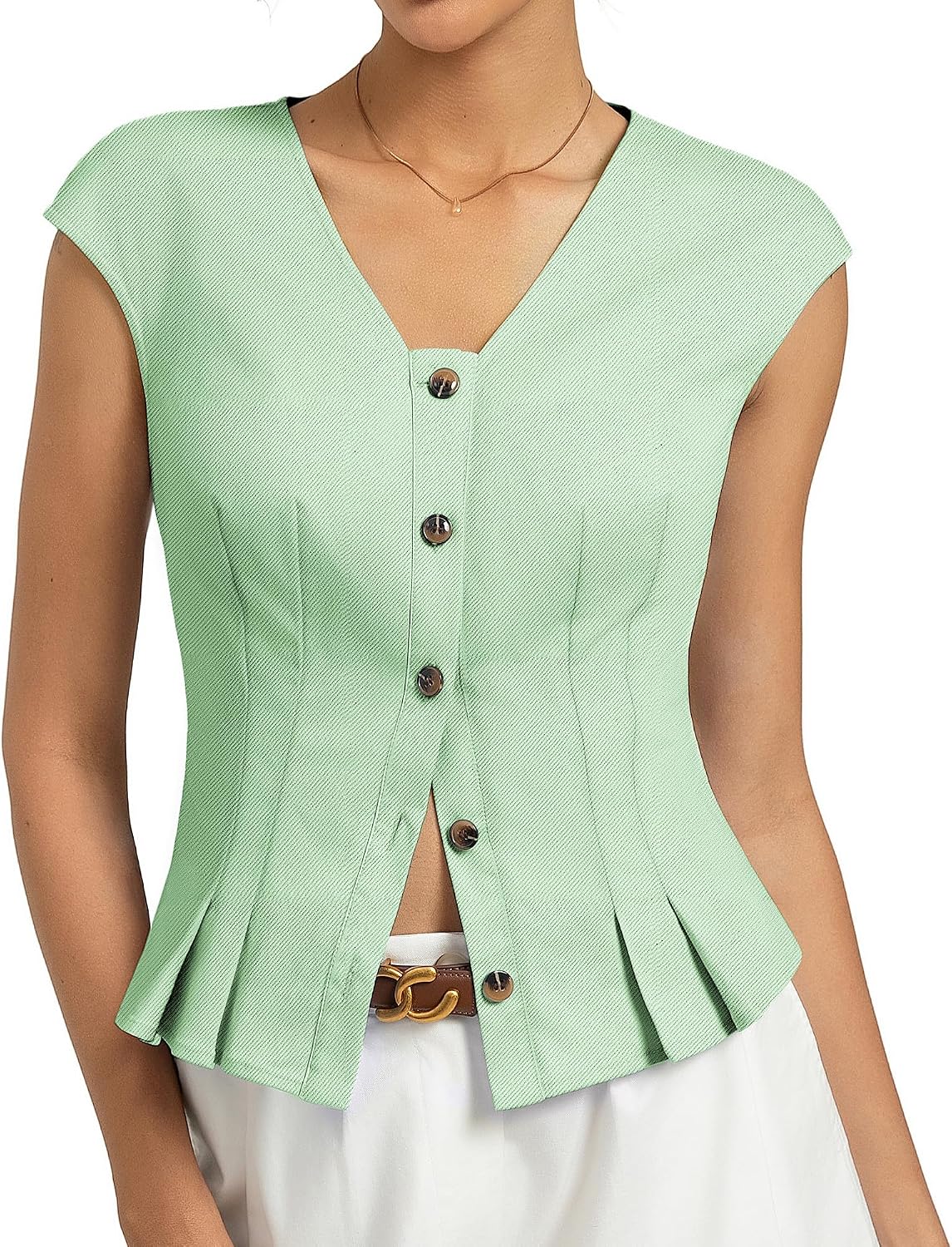 Kate Kasin Womens Button Down Crop Tops, Cap Sleeve Work Shirt, Slim Fit Cute Vest Trendy