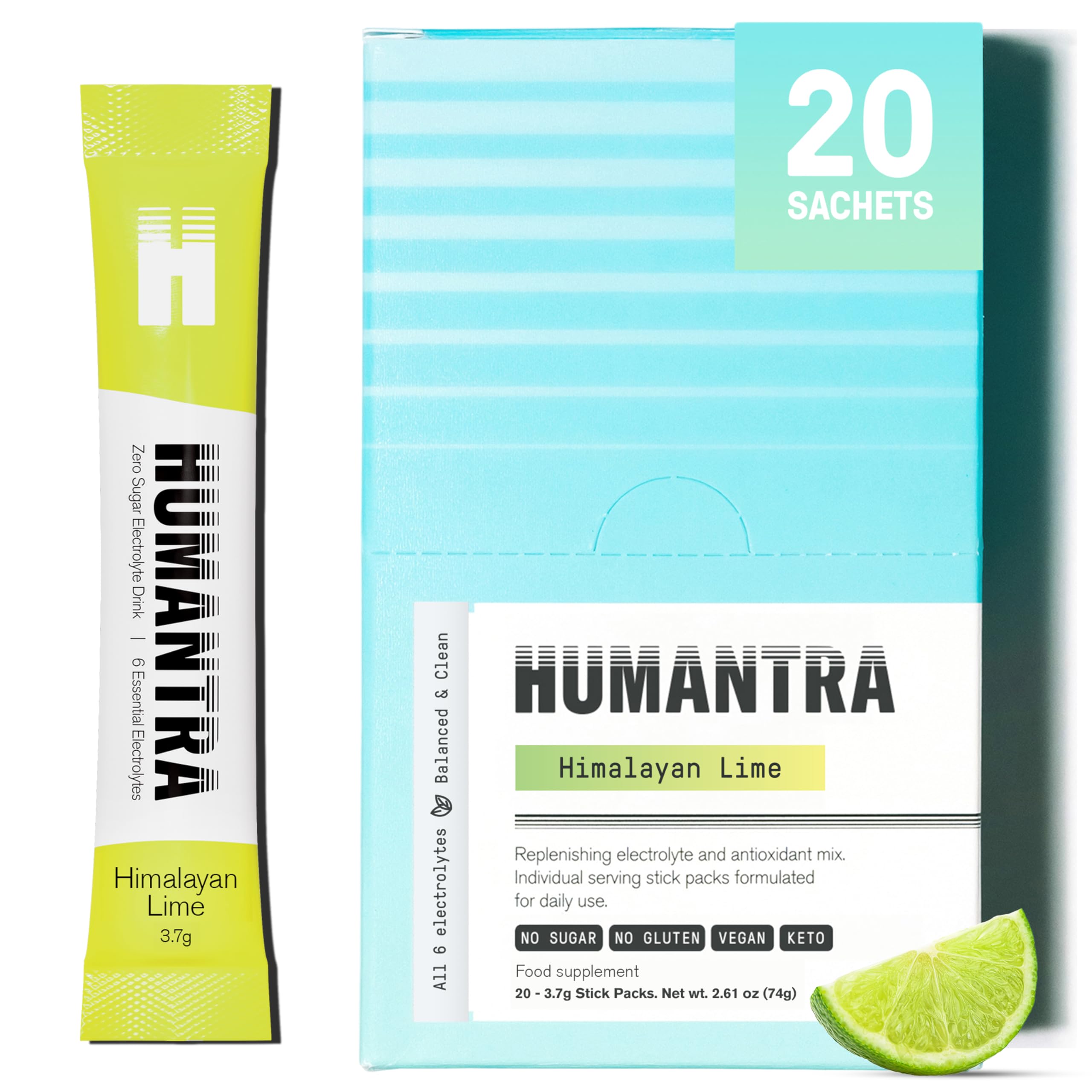 HUMANTRAElectrolyte Packets | Zero Sugar | W/ 6 Electrolytes | Electrolytes Powder (20 Count, Himalayan Lime)