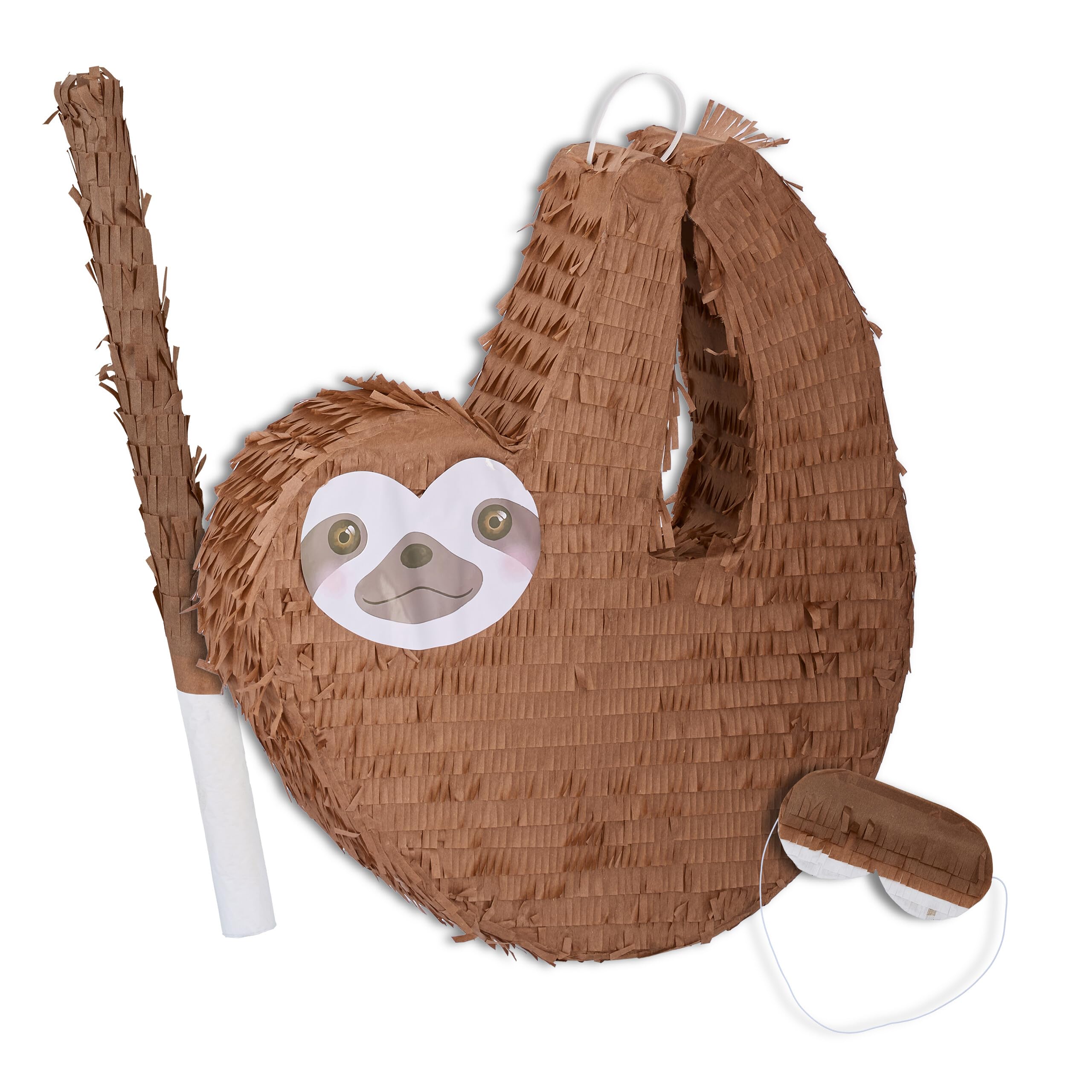 Relaxdays Piñata with Accessories, Sloth Design, for Hanging, Kids, Boys & Girls, incl. Stick & Mask, Unfilled, Brown, Paper, 48 x 44 x 8 cm