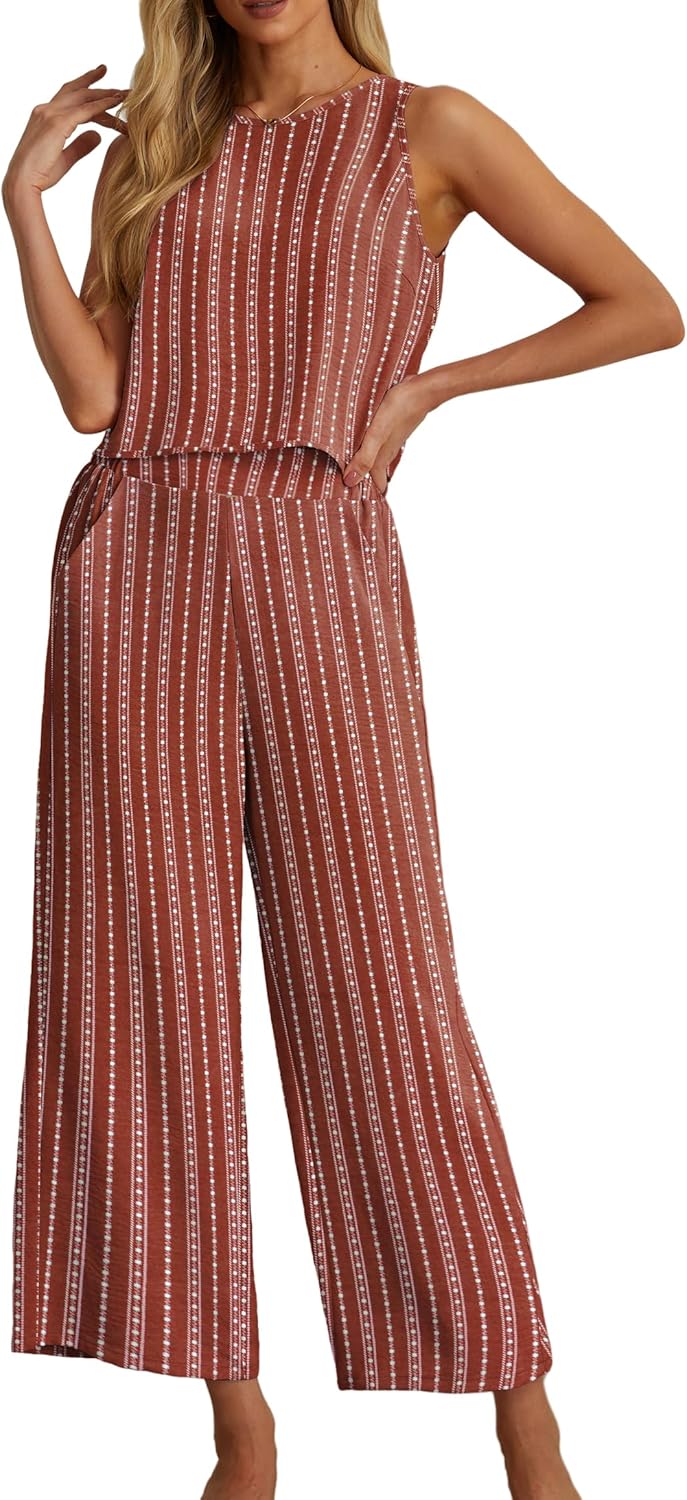 IWOLLENCE Women's Summer 2 Piece Outfits Set Round neck Sleeveless Tank Crop Top Wide Leg pants Set Pockets Jumpsuits