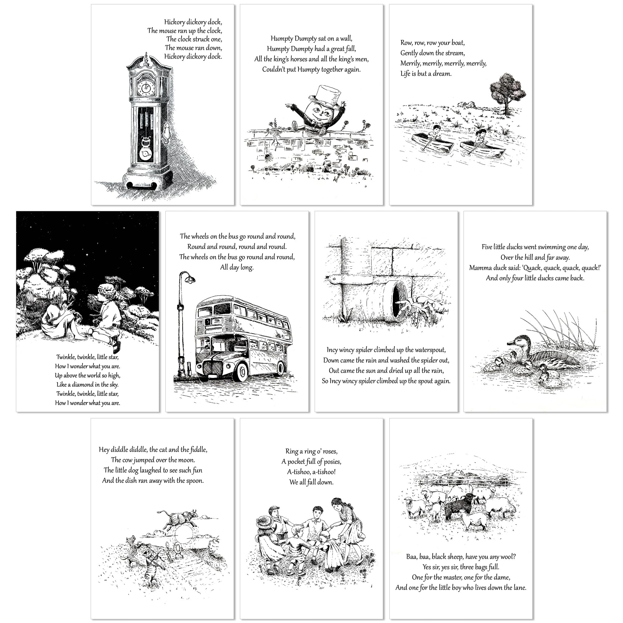 A&M Natural Living Nursery Prints Set Of 10 A4 Nursery Rhyme Prints Unframed in Black & White Baby Nursery Decor Pictures For Wall