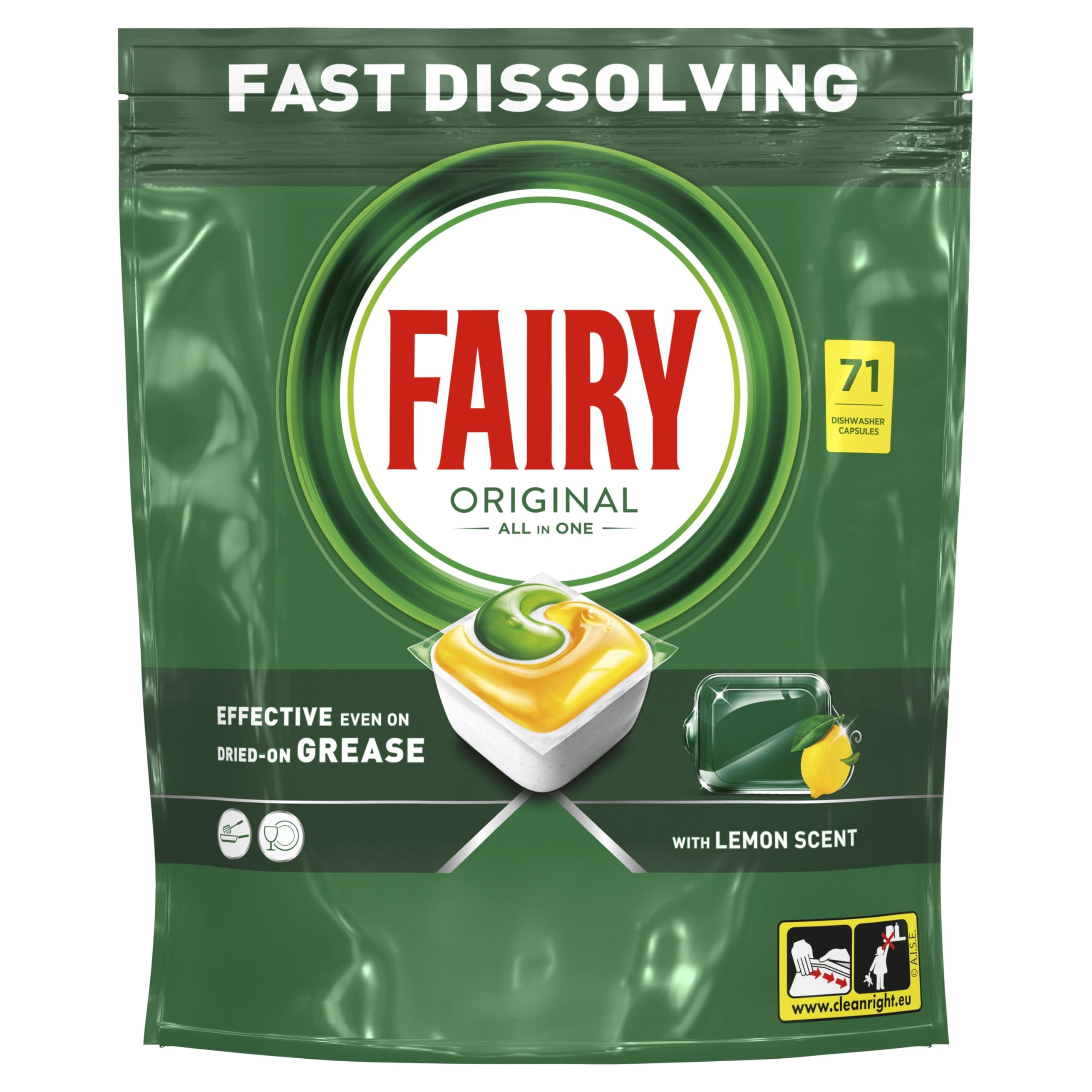 Fairy Original Cytryna Kapsułki do zmywarki All in One, 71 szt. | Skutecznie usuwają nawet zaschnięty tłuszcz