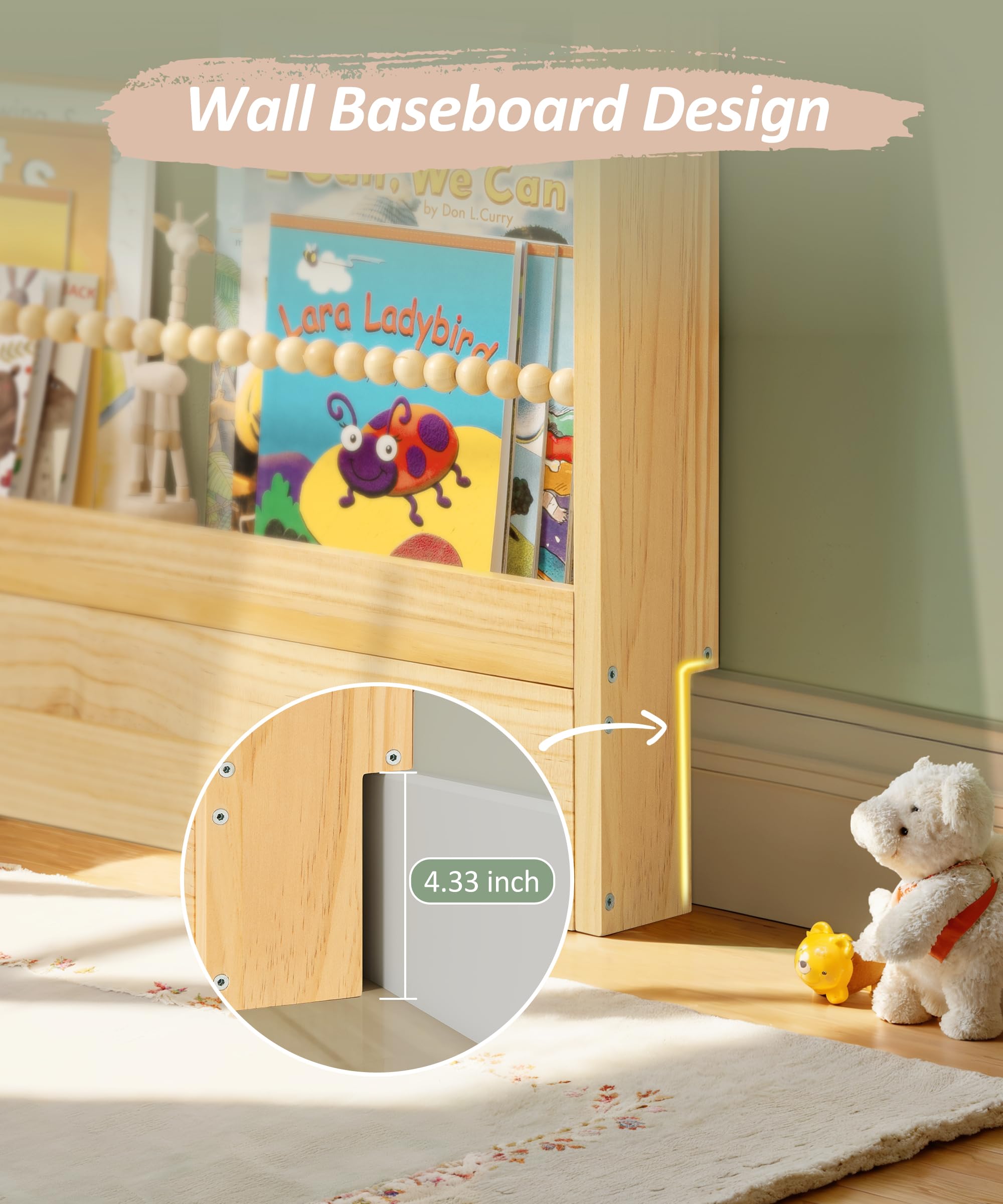 Estantería para niños de 31.5 pulgadas, de madera natural, estante organizador de pared, estantes colgantes para niños, rincón de lectura, decoración bohemia para habitación de niños, sala 5