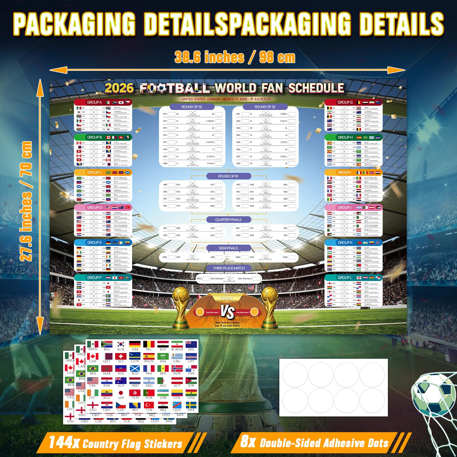WALLFID 98x70cm Affiche Calendrier Coupe du Monde 2026,Heure Europe Centrale,Coupe du Monde,Competition 2026,Decoration Murale Pour Salon Bureau
