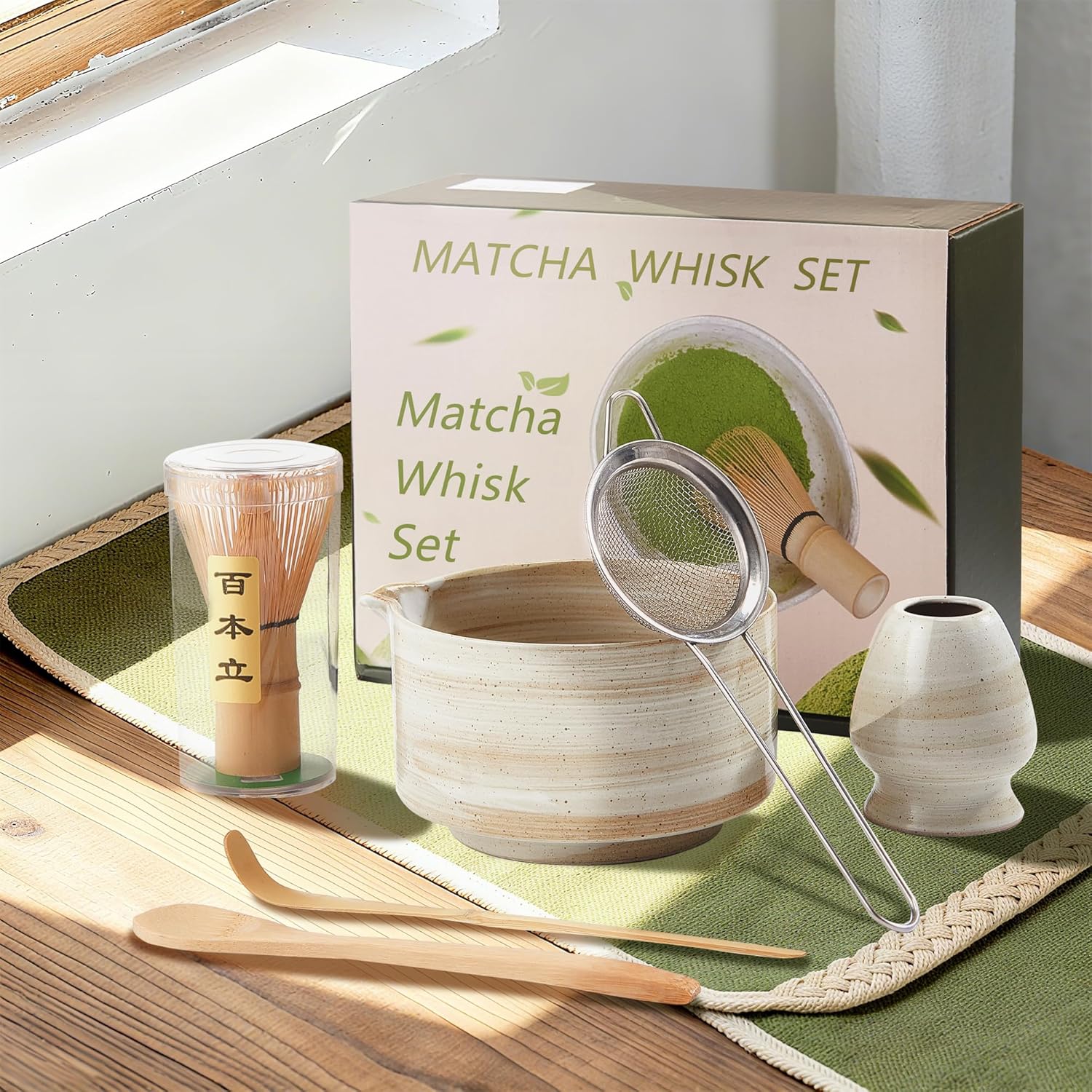 Matcha Whisk Set, Ceramic Matcha Set Whisk and Bowl, Holder, Sifter, Spoon, Scoop, 6Pcs Ceremony Matcha Kit for Tea Lovers Making Breakfast/Latte Rustic Beige