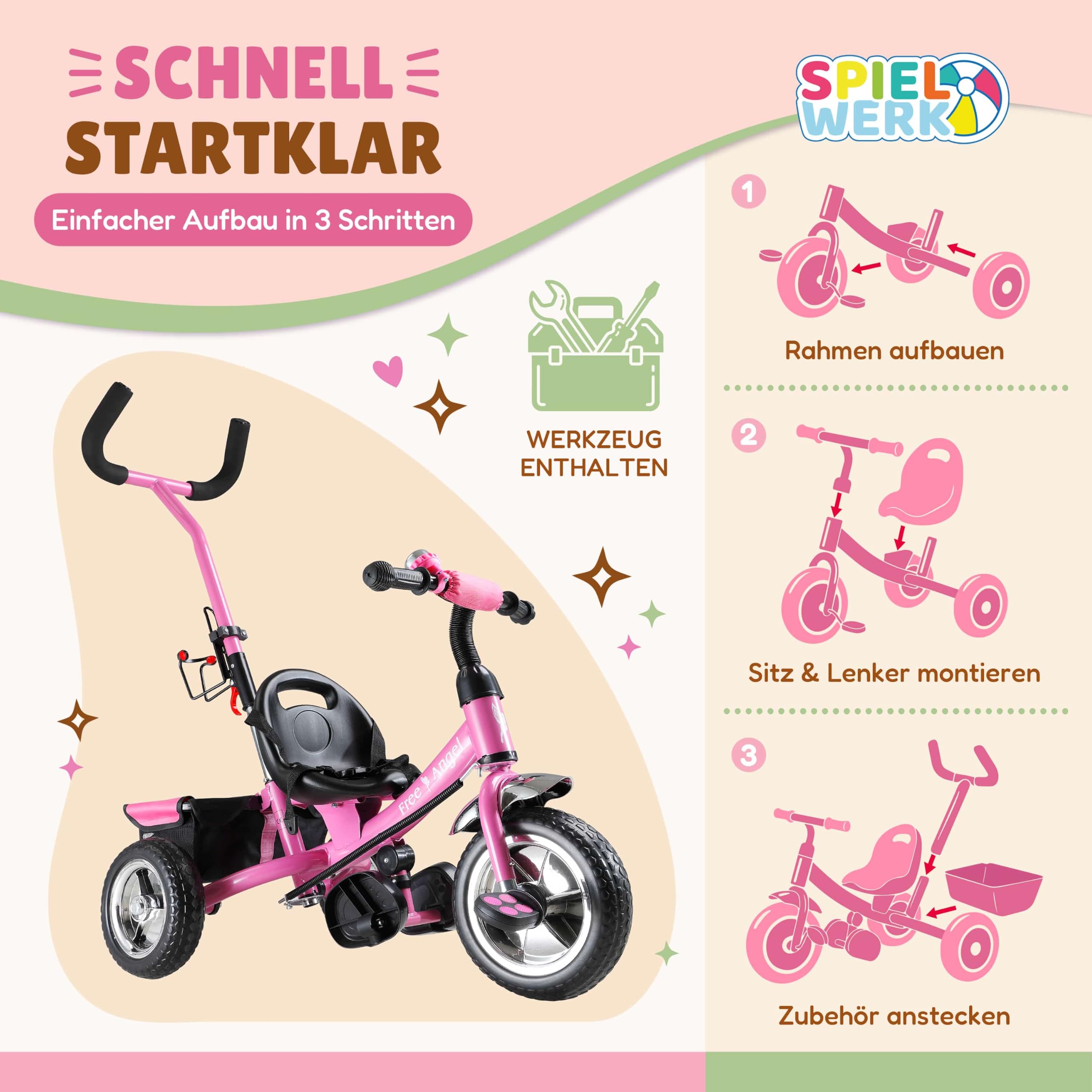 Spielwerk® Dreirad 2in1 mit Schubstange ab 1 Jahr Getränkehalter Kinderdreirad Klappbare Fußablage Baby Buggy Laufrad Kinderwagen Kleinkind Rosa