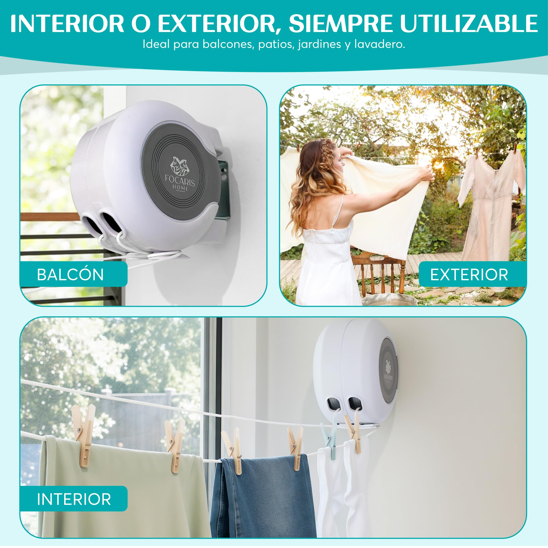 FOCARIS Home Tendedero Extensible Pared Tendedero 30 Metros + 30 kg máx. repartidos en 2 Cuerdas Alta Capacidad secador Ropa Fácil instalación Kit instalación Completo Packaging presentación Regalo