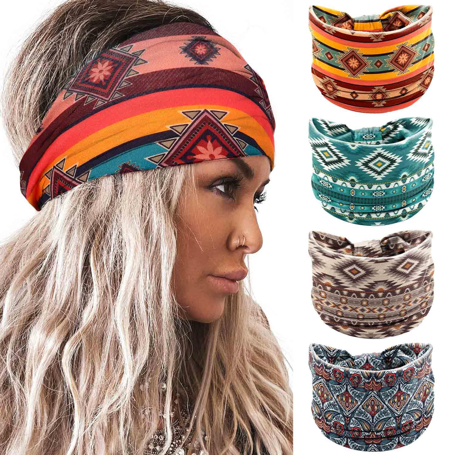 Acenail Wide Headbands Floral Turban Boho Headband Knotted Elastic Non Slip Hairbands Bohemian Vintage Printed Head Wraps Workout Yoga Hair Scarfs