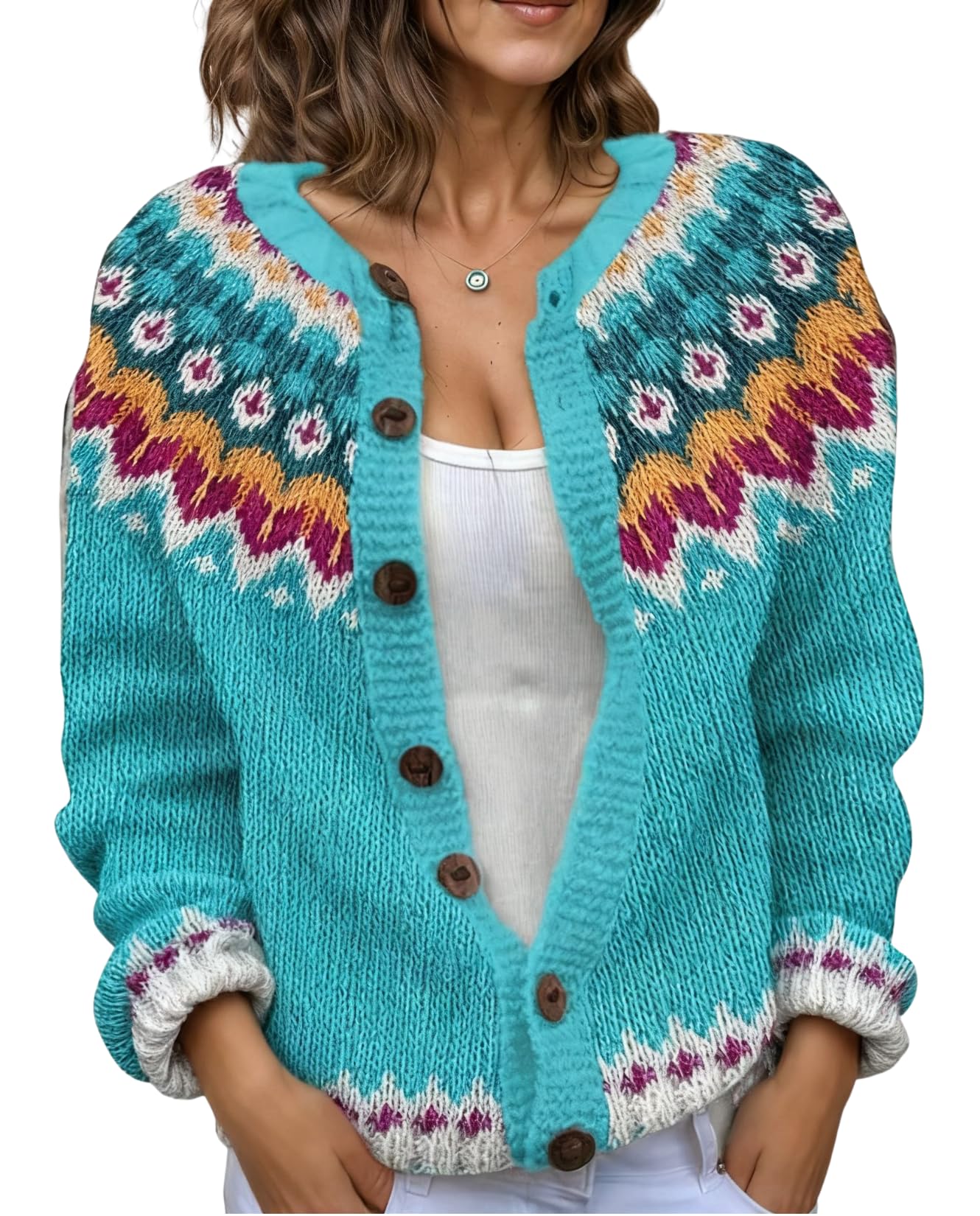 LIZALIG Cardigan for Women Fair Isle Sweater Chunky Cardigan Plus Size Cute Outfits Knit Vintage Style for Fall