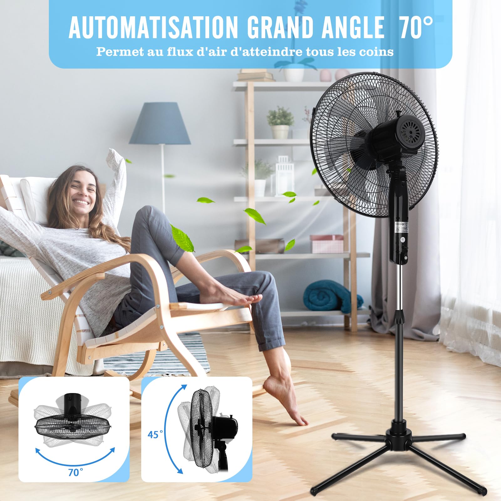 Aigostar Ventilateur sur pied, 7 Pales, 3 Vitesses, Puissant, Silencieux et Stable, 50W, Grille Sécurisée, VDE, Noir
