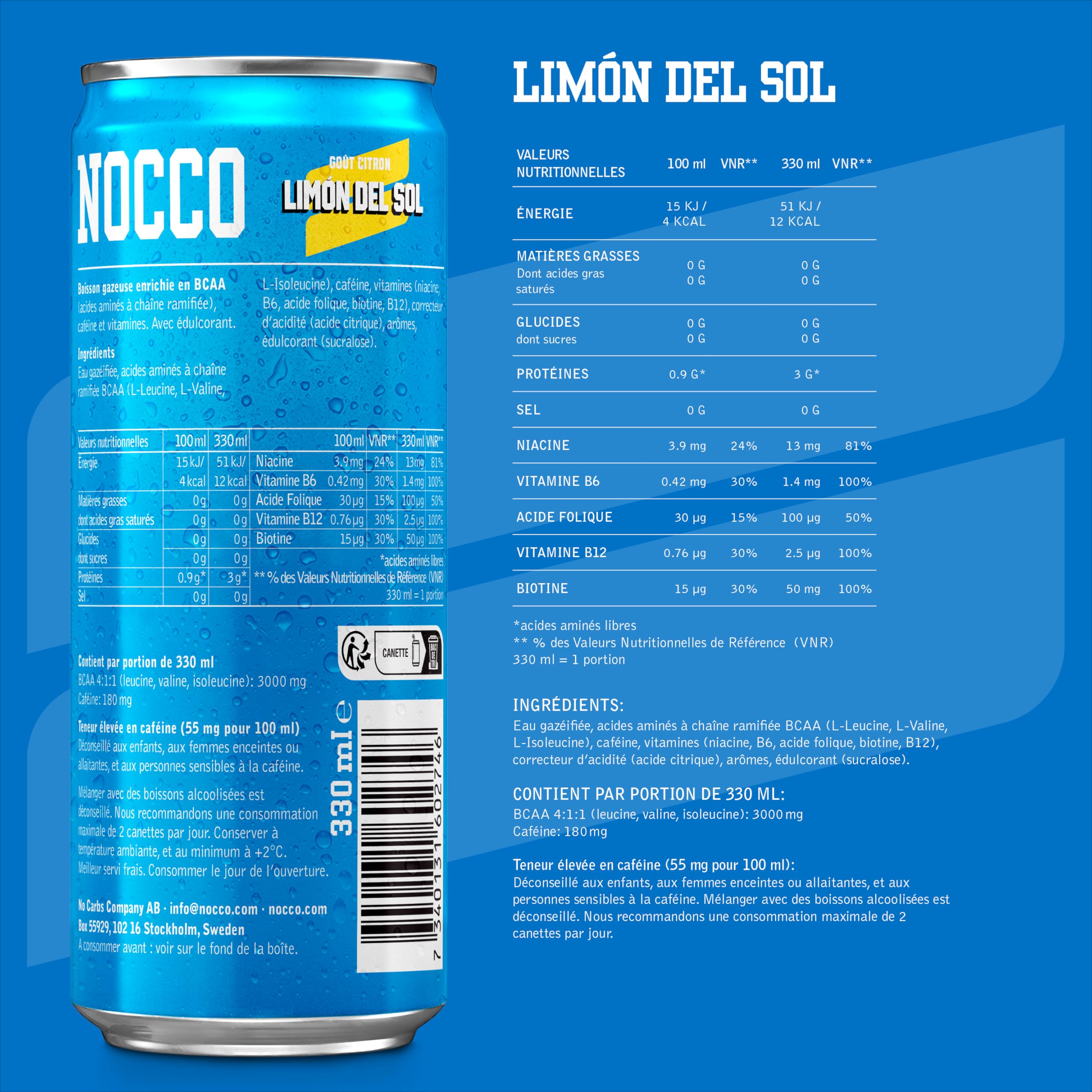 NOCCO Boisson énergissante goût citron 180 mg caféine 24x330ml Boissons énergétiques, Sans Sucre BCAA (Limon Del Sol)