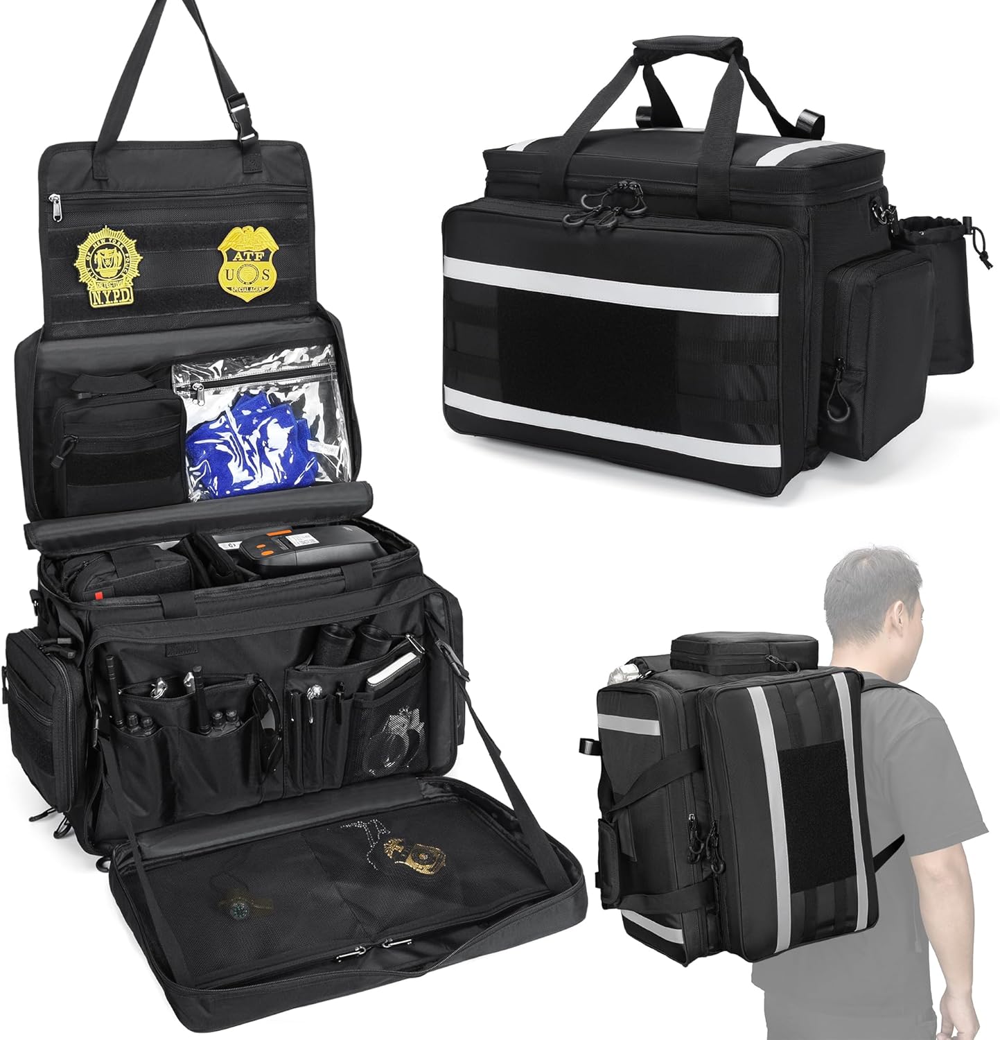 Patrol Bag Law Enforcement, Police Gear Bag, Car Truck Organizer for Vehicle Passenger Seat with MOLLE System, Cup Holders, 3 Ways to Carry. Black