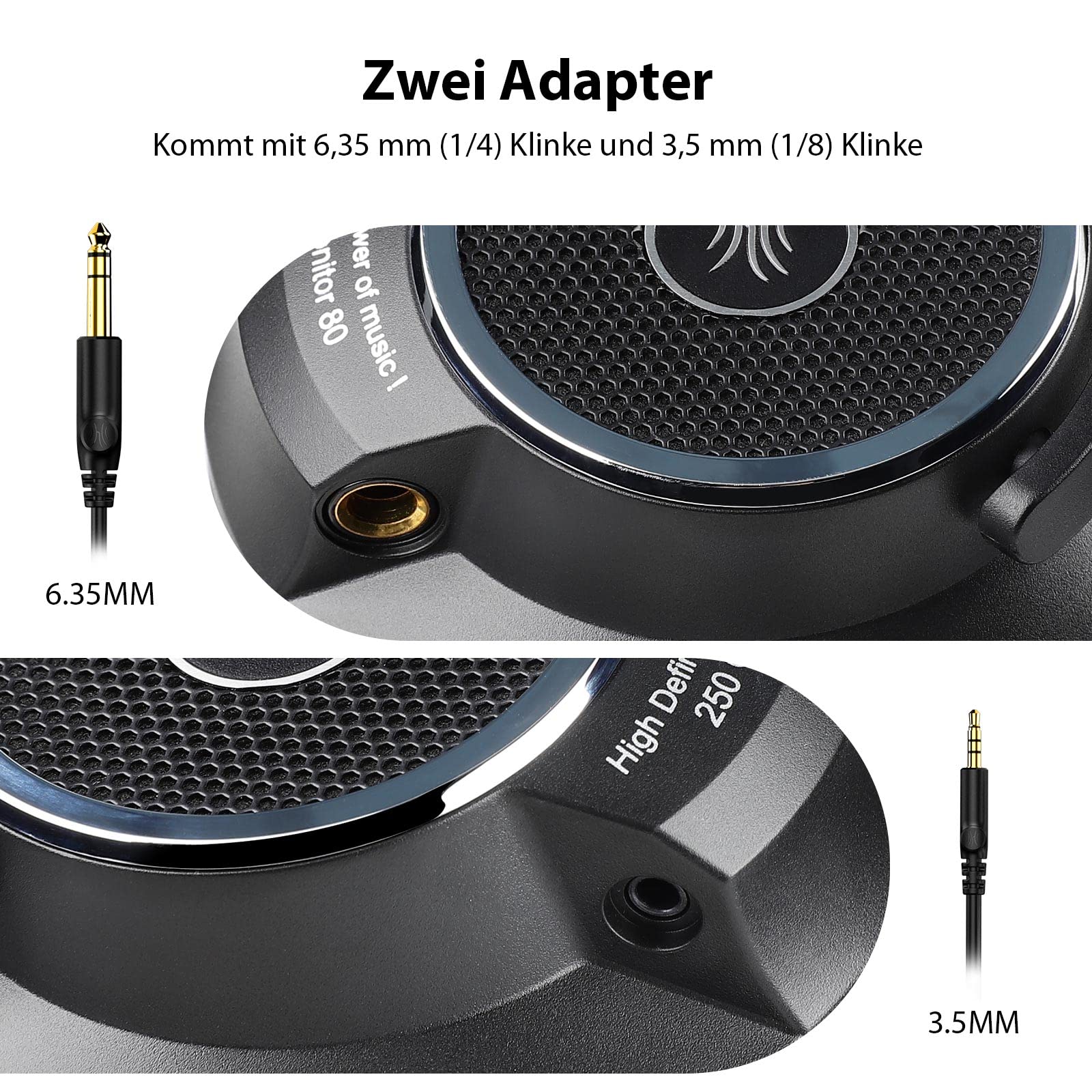 OneOdio offener Studio Kopfhörer mit Kabel Over-Ear mit 250 Ohm, Monitor 80 Headphones für Mixing, Mastering, Editing, Ohrpolster aus Samt, Abnehmbares Kabel(3.5mm/6.35mm link), Schwarz