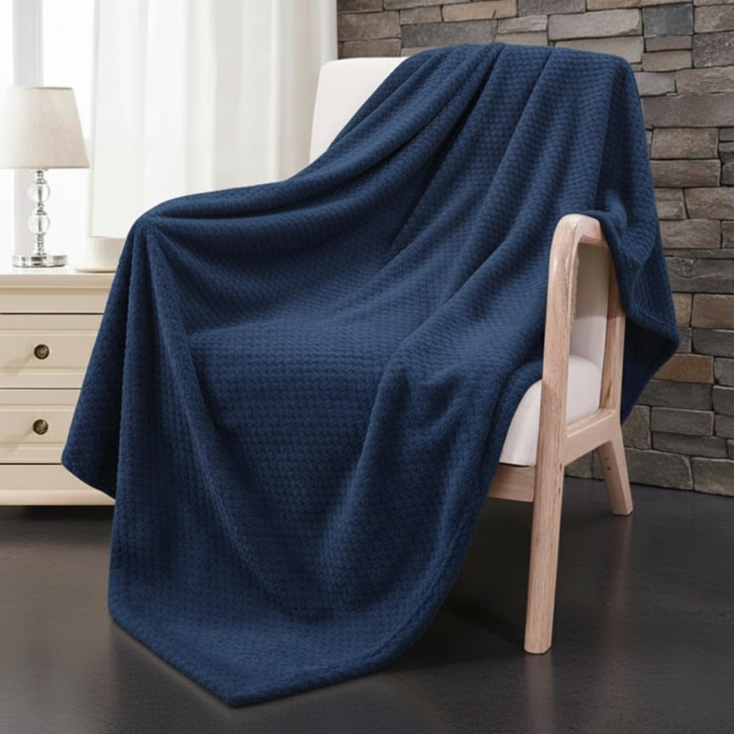 Dolce Vari Premium Waffle Whisper Fleece Throw Blankets Honeycomb Super Soft Warm Cozy Over Sofa Bed Throw Blanket (Navy, Double)