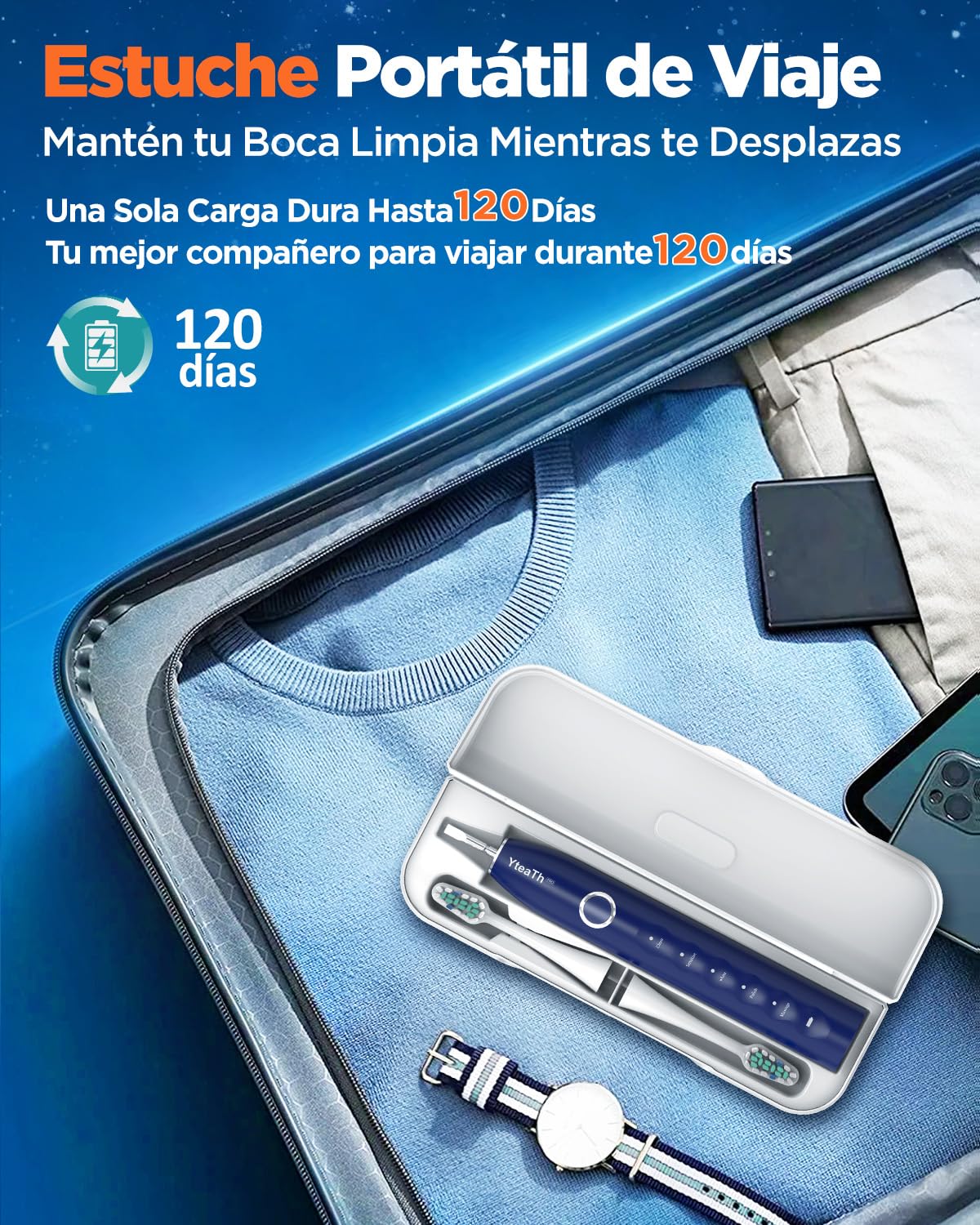 Cepillo de Dientes Eléctrico Sónico Hombres con 8 Cabezales - Cepillo Eléctrico Adultos con 5 Modos, Estuche de Viaje, 3 Meses de Autonomía, Cepillo Dientes Electrico Viaje Recargable, Blanco y Azul