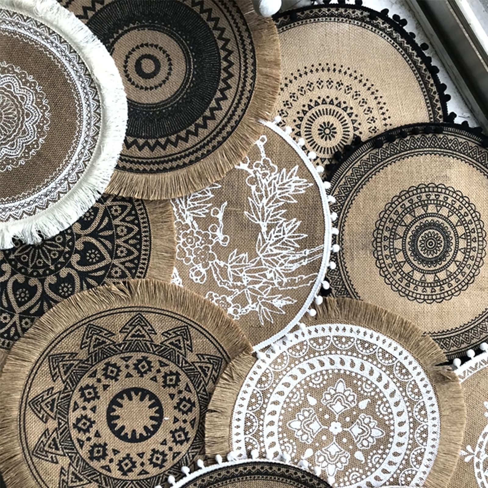 Set 8 Tovagliette Tavola Moderno, 38 CM Tovaglietta Rotonda Americana Lino Beige Giallo Nero, Rotondo con Fiore Vintage e Nappe