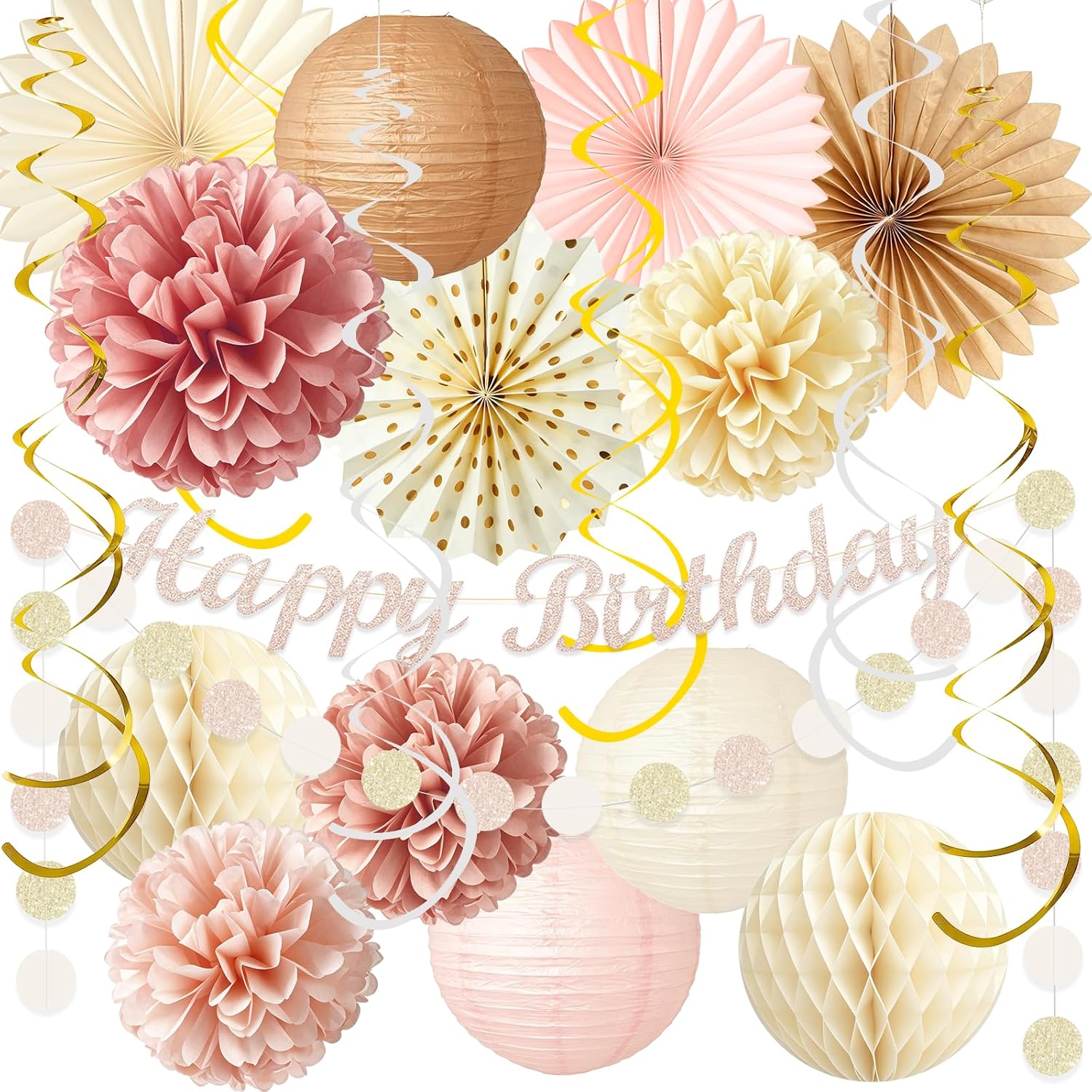 Champagne-Gold Beige Birthday Decorations for Women Girls, Boho Peach Paper Lanterns Tissue Pom Poms Fan Tassels Graland Anniversary Princess Backdrop Party Supplies