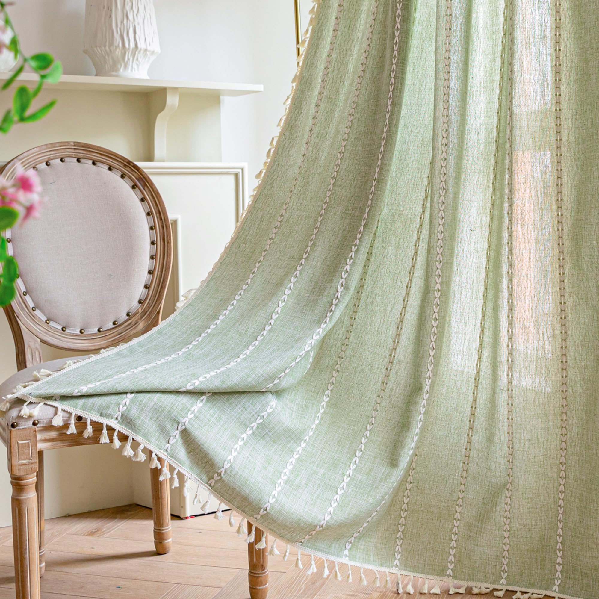 Sage Green Boho Farmhouse Curtains for Bedroom Living Room Semi Blackout Cotton Linen Curtains 63 Inch Long French Country Cute Textured Window Curtain Bohemian Chic Tassel Draperies 84’’L x 52’’W