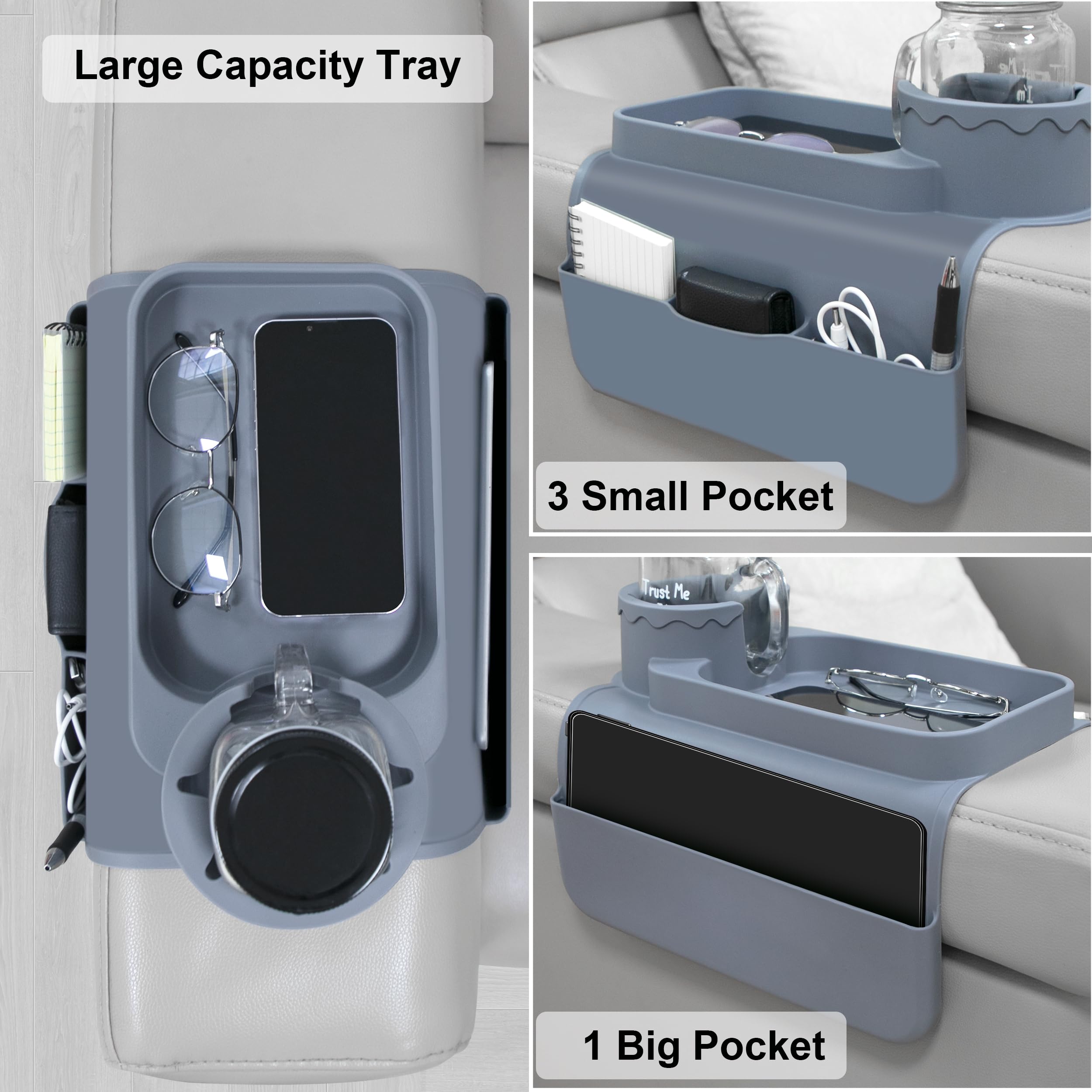 Vassoio per divano bracciolo con portabevande, bracciolo in silicone con due tasche laterali e supporto per telefono, organizer per bevande, telefono, tablet, telecomando TV