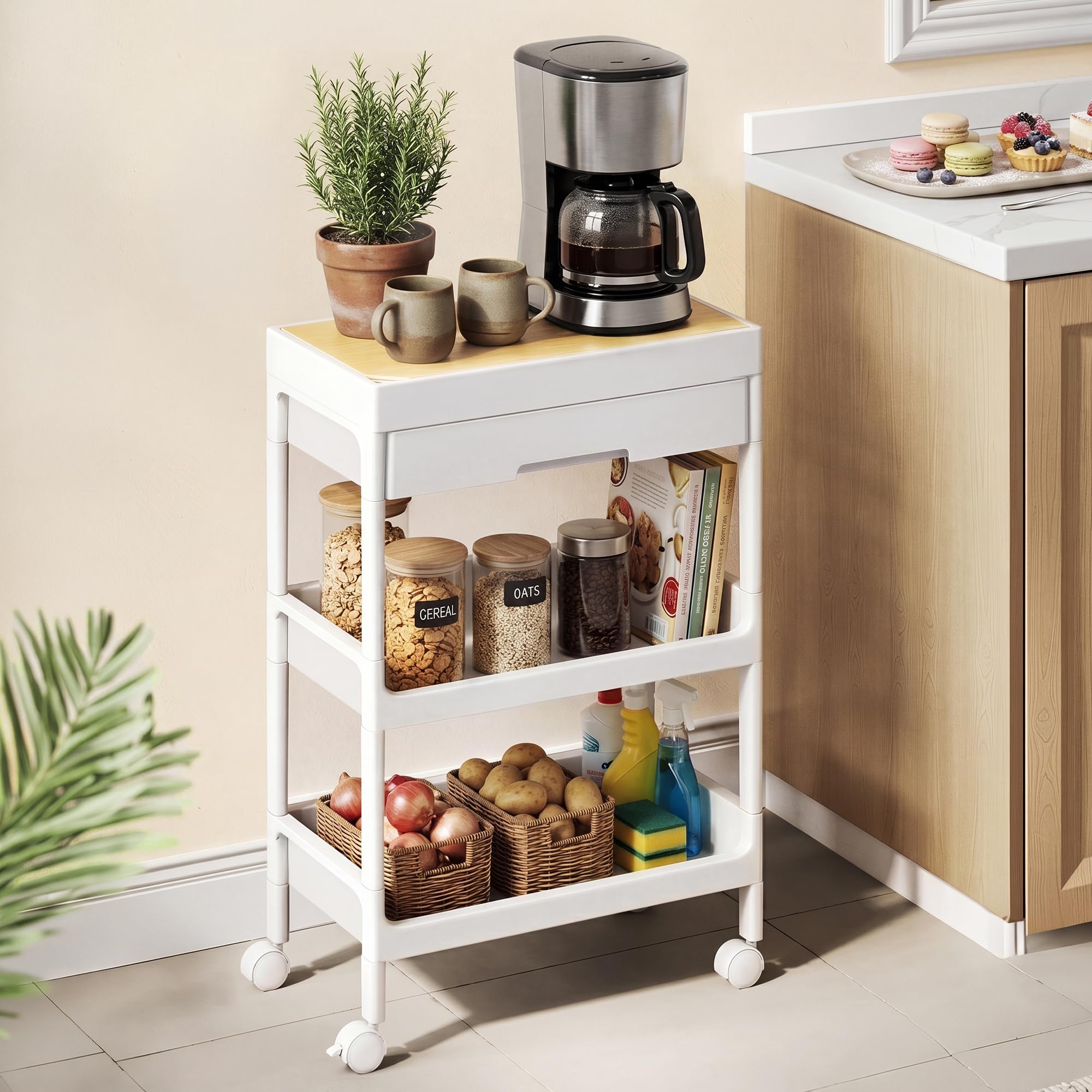 SONGMICS Rollwagen 3 Ebenen, Servierwagen mit Rollen, Küchenwagen, abnehmbare Deckplatte als Tablett, mit Schublade, Kunststoff, einfacher Aufbau, Küche, weiß-goldeichenfarben BSC069W101
