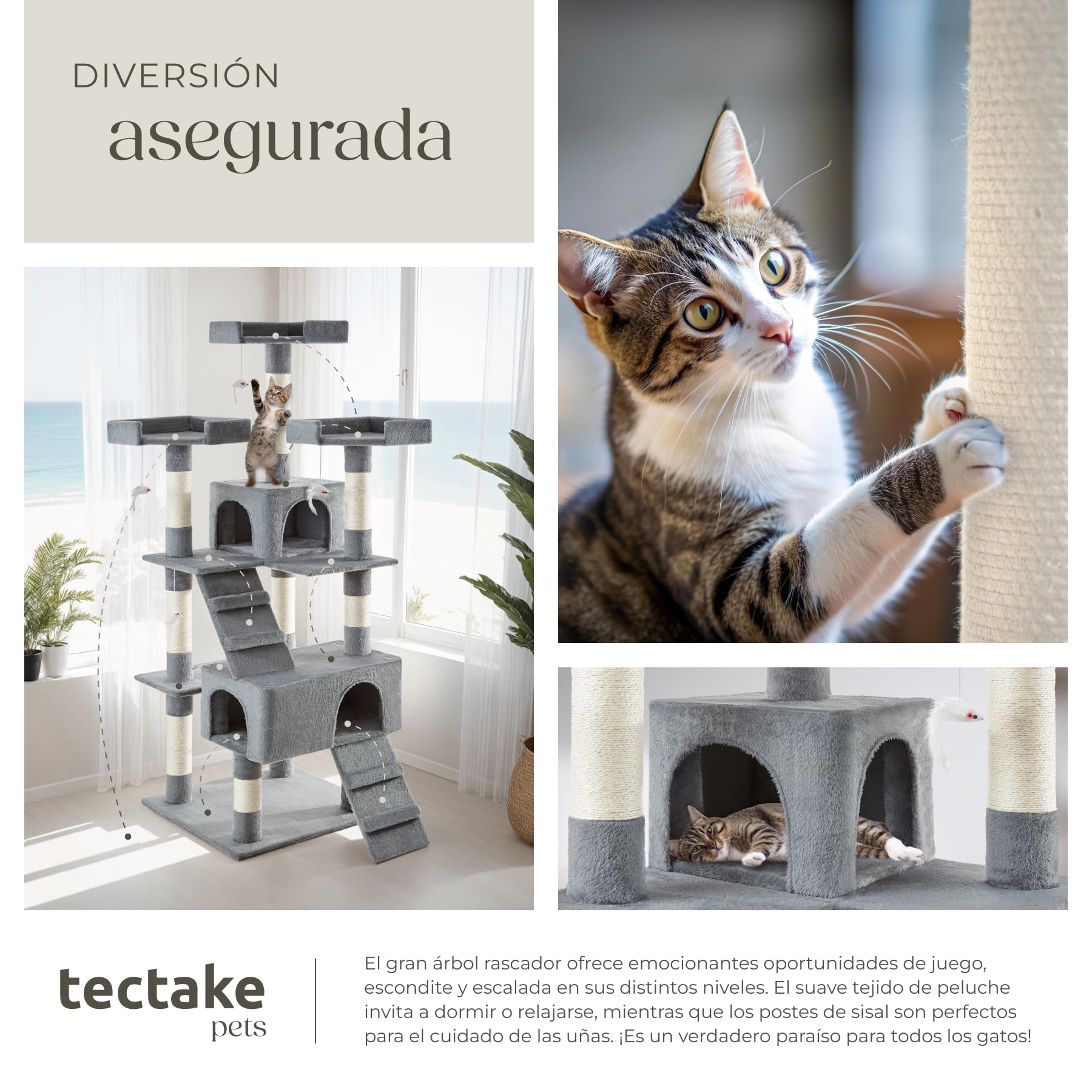 TecTake® Árbol para gatos Rascador para gatos de sisal H170 cm, Juegos para gatos Apartamento Accesorio Rascador Nido Cama Cesta Cama para gatos Juego de ratón Escalera