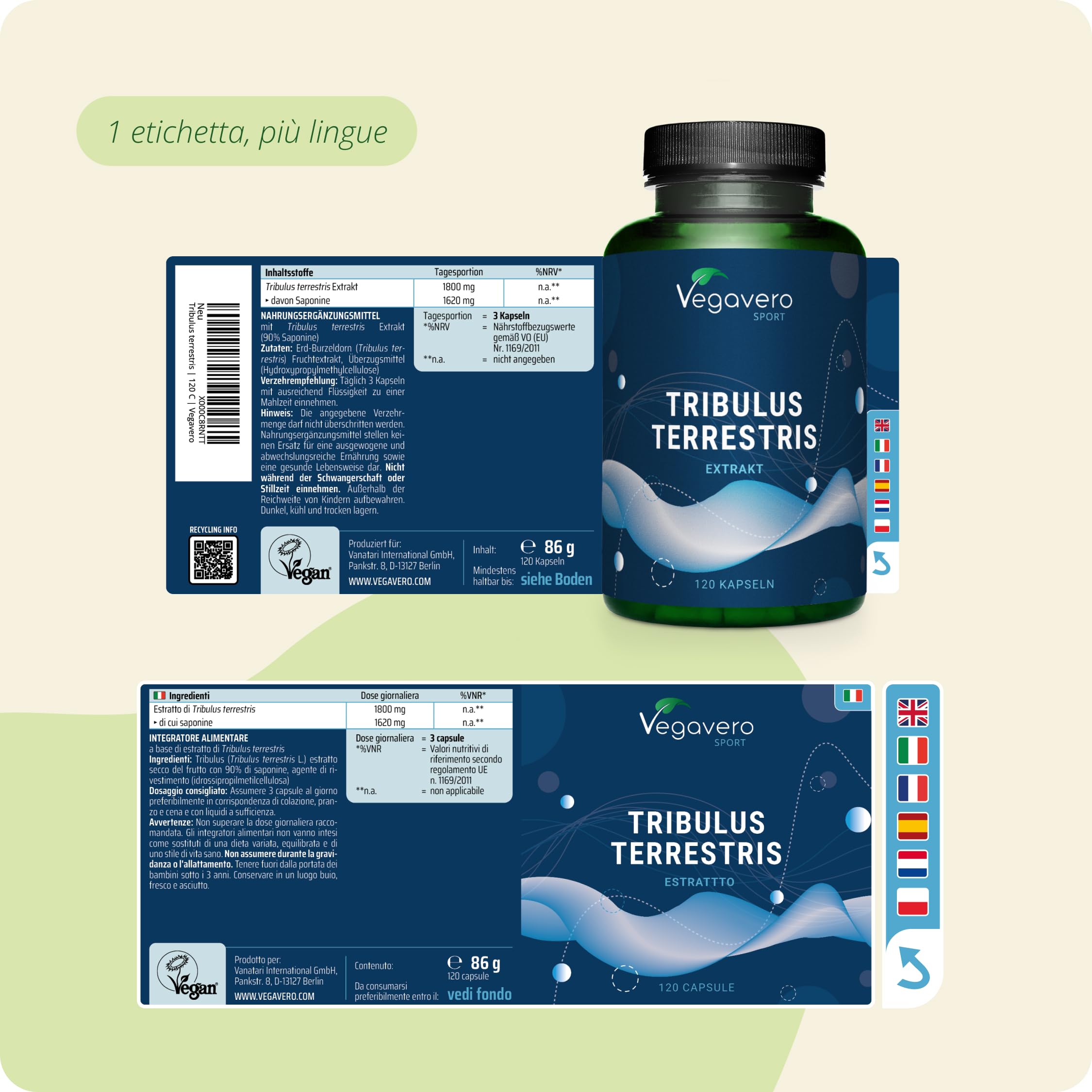 Tribulus Terrestris Vegavero | 90% di Saponine | 100% Naturale e Senza Additivi | No OGM e Testato in Laboratorio | 120 capsule | Vegan