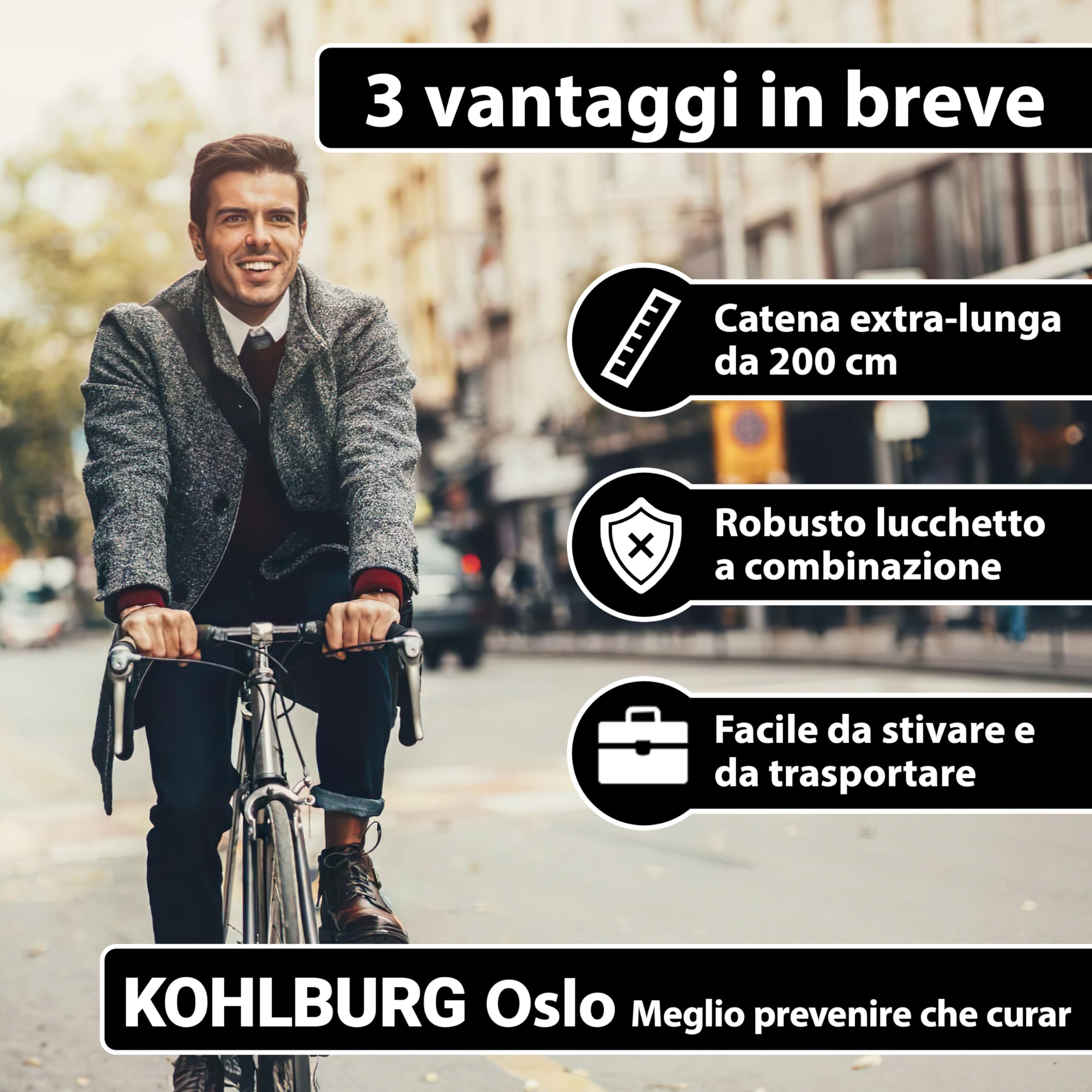 KOHLBURG Antifurto a combinazione 200 cm, Lucchetto in acciaio speciale da 6 mm, 2 m con codice numerico, Catena antifurto 200cm extra lunga con combinazione numerica per bicicletta, e‑bike, e‑scooter