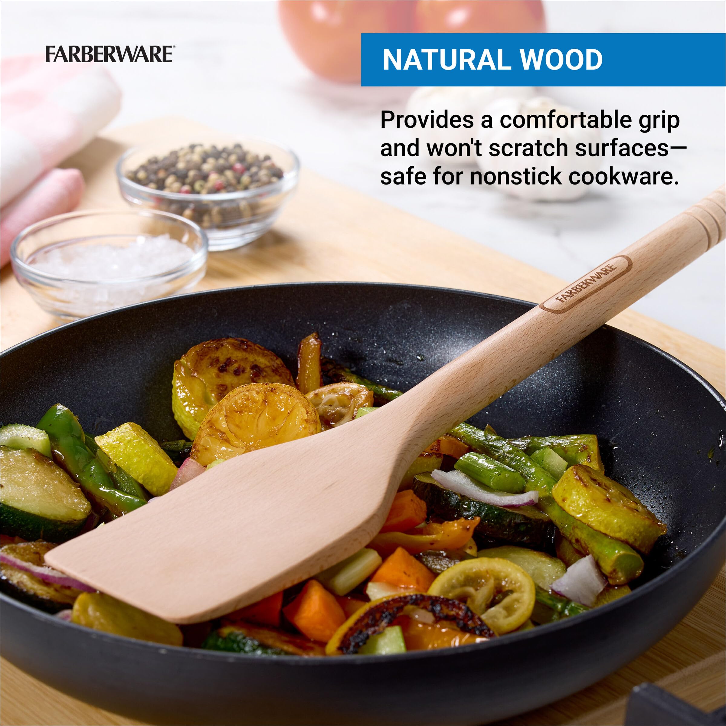 Farberware Beechwood Turner Spatula - Durable Wood Kitchen Utensil with Thin Tapered Edge, Safe for Nonstick Cookware, Perfect for Flipping Pancakes, Eggs, and More